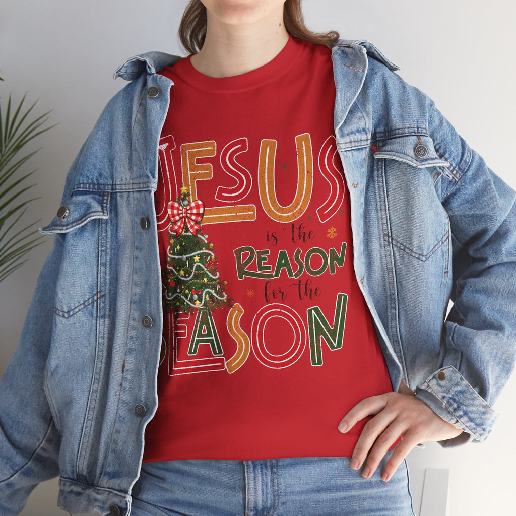 Jesus Is the Reason for the Season Christmas T-Shirt — Plaid Bow Tree..Unisex Cotton Tee