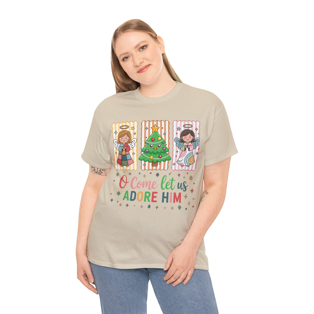 O Come Let Us Adore Him Christmas Tee — Smiling Angels & Happy Tree..Unisex Cotton Tee
