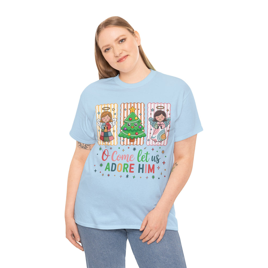 O Come Let Us Adore Him Christmas Tee — Smiling Angels & Happy Tree..Unisex Cotton Tee
