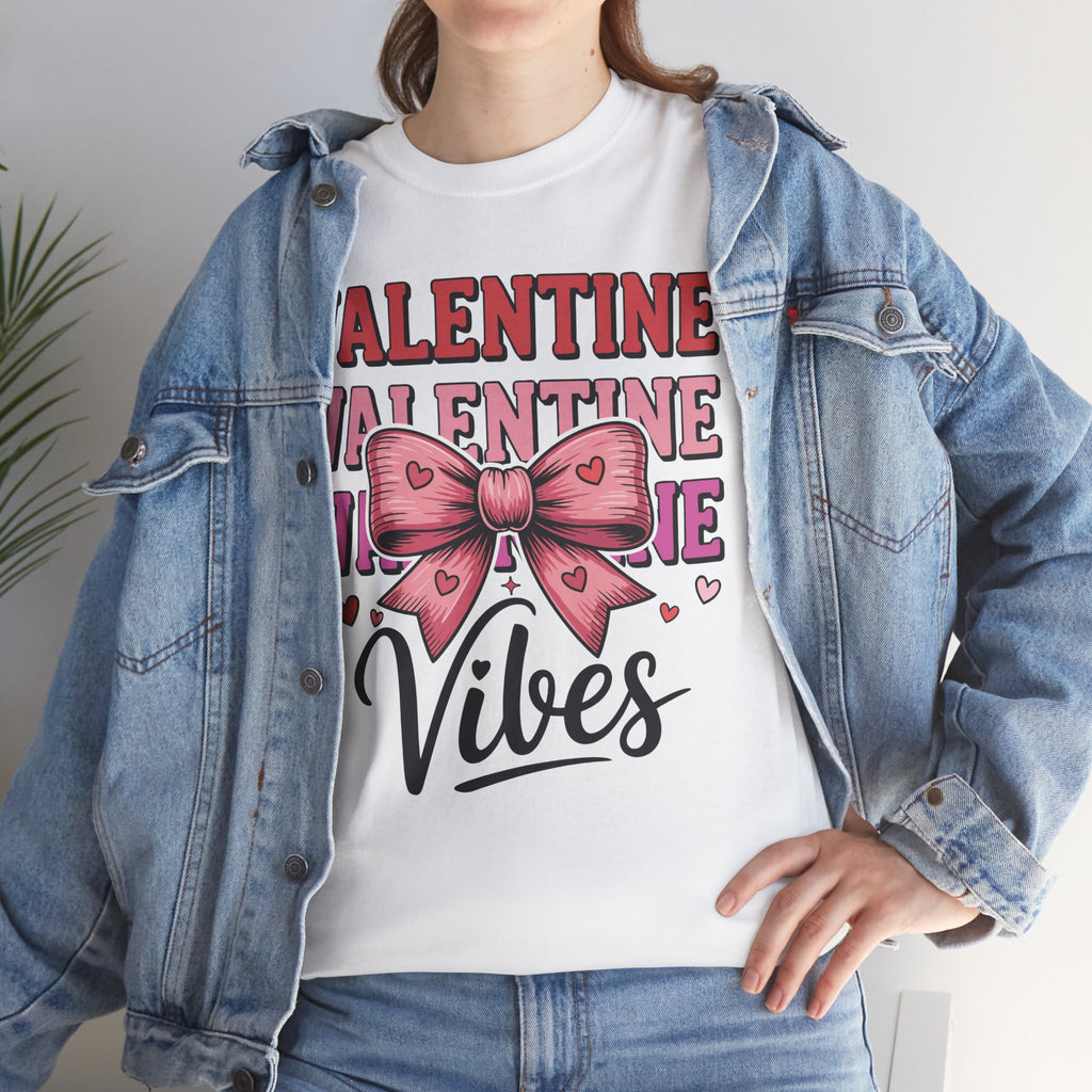 Valentine Vibes T-Shirt — Pink Bow Heart Graphic Unisex Cotton Tee