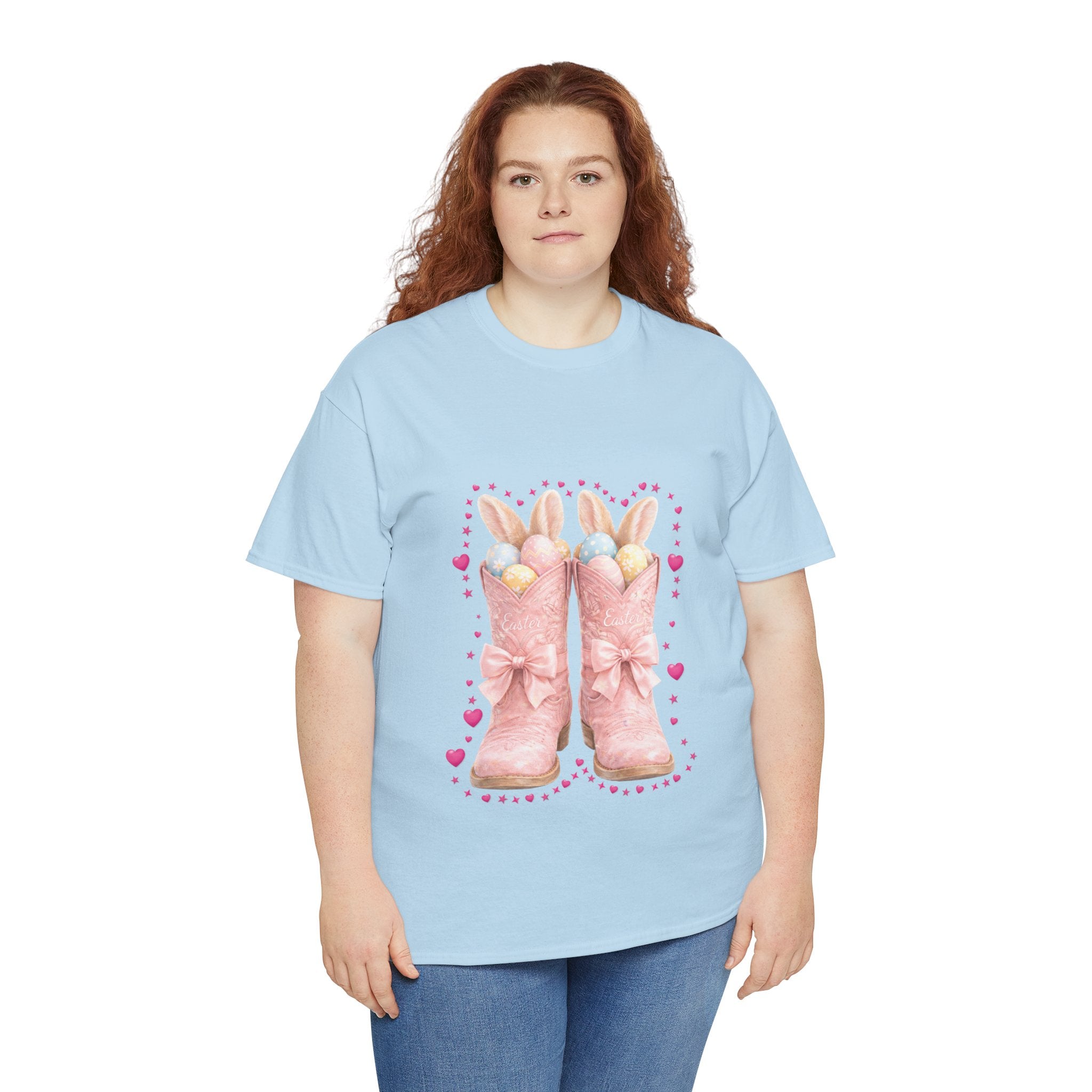 Easter Pink Western Boots Tee — Pastel Bunny Eggs & Bows Unisex Cotton Tee