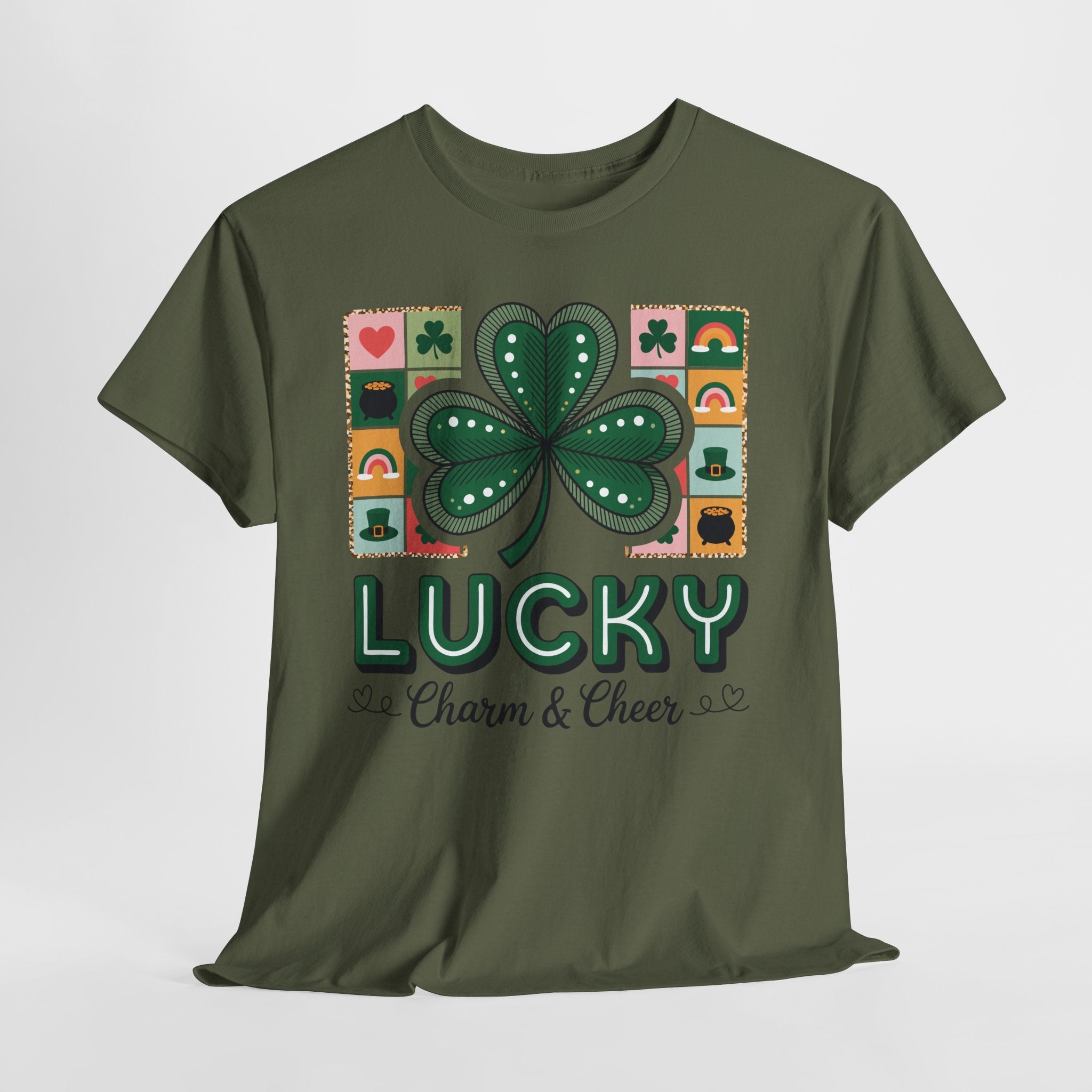 Lucky Charm & Cheer Clover Tee — Patchwork St. Patrick’s Day Unisex Cotton T-Shirt