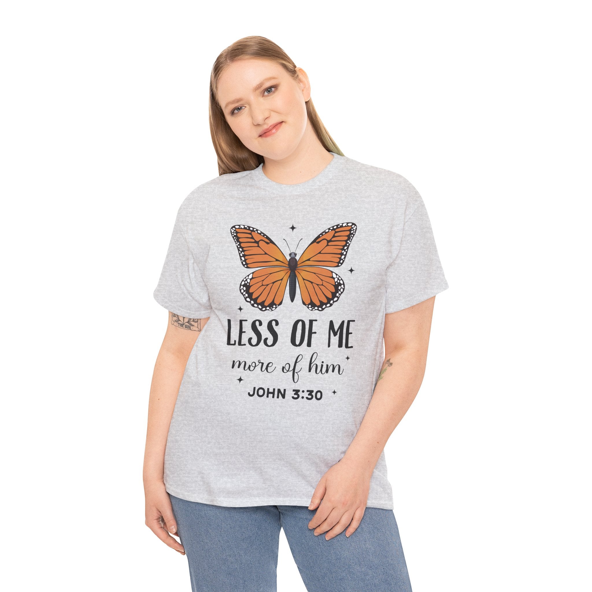 Monarch Butterfly Tee — "Less of Me, More of Him" Christian Unisex cotton T‑Shirt