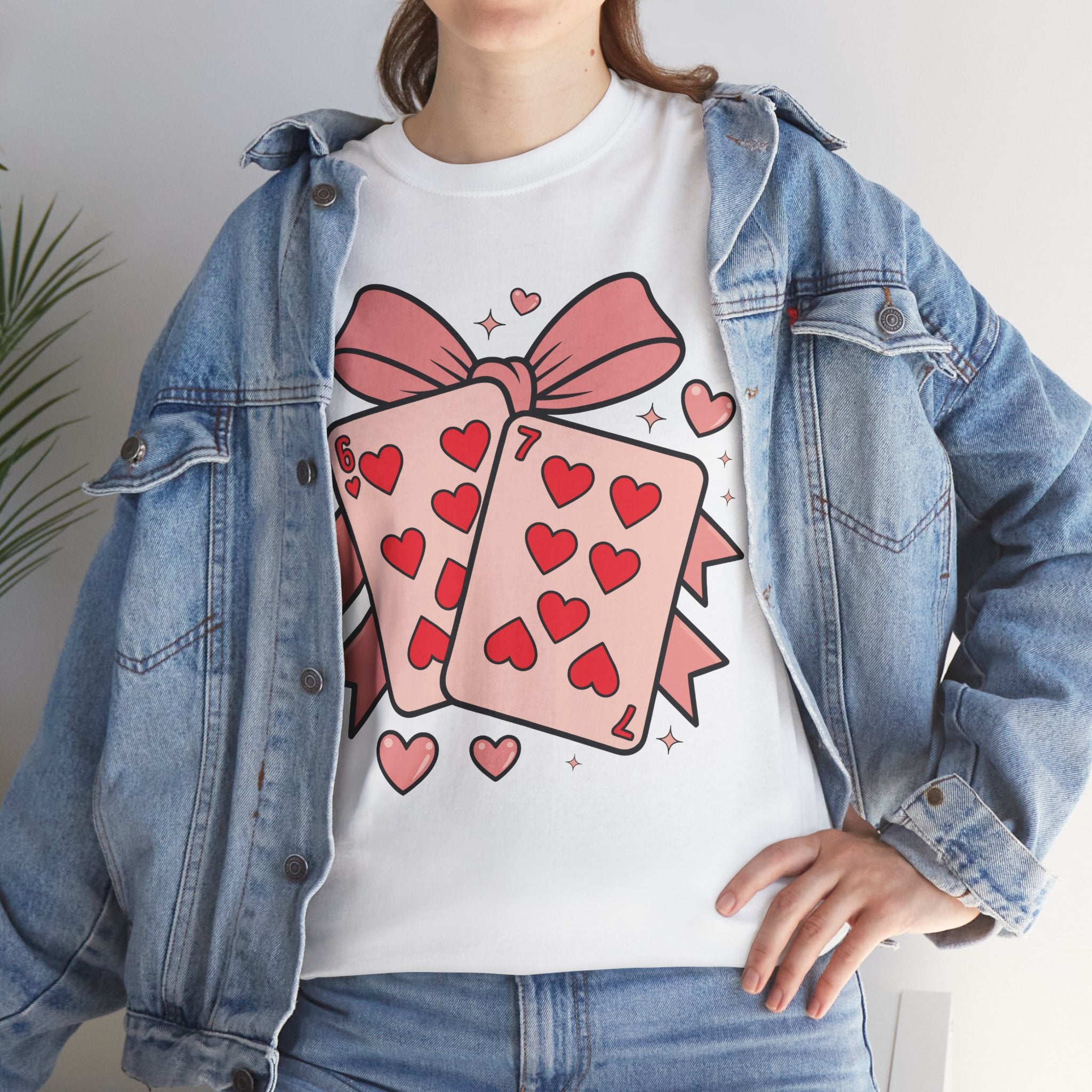 6 & 7 of Hearts T-Shirt — Paired Playing Cards with Pink Bow Unisex Cotton Tee