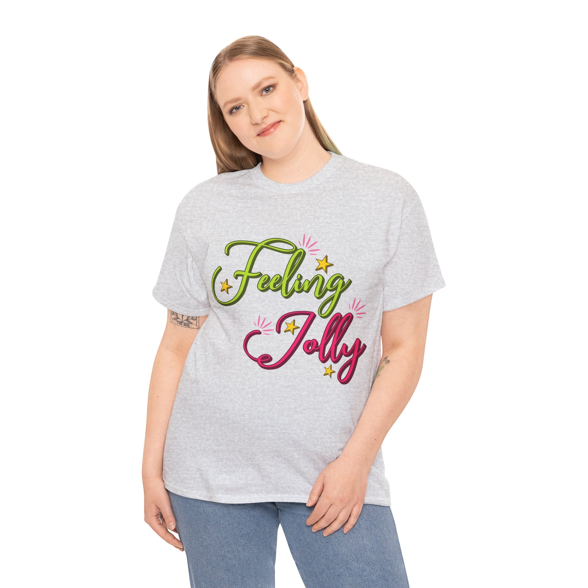 Feeling Jolly Tee — Festive Green & Pink Script with Yellow Stars Unisex Cotton Tee
