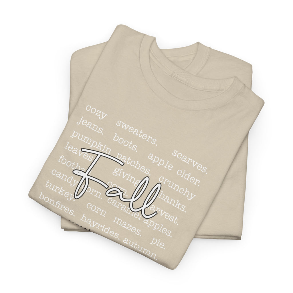 Fall Cursive Typography T-Shirt — Sweaters, Cider & Pumpkins. Unisex Cotton Tee