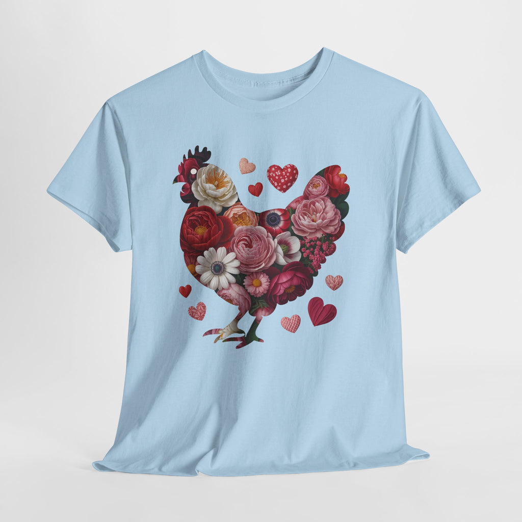 Floral Chicken Heart Tee — Red & Pink Flower Silhouette Unisex Cotton Tee