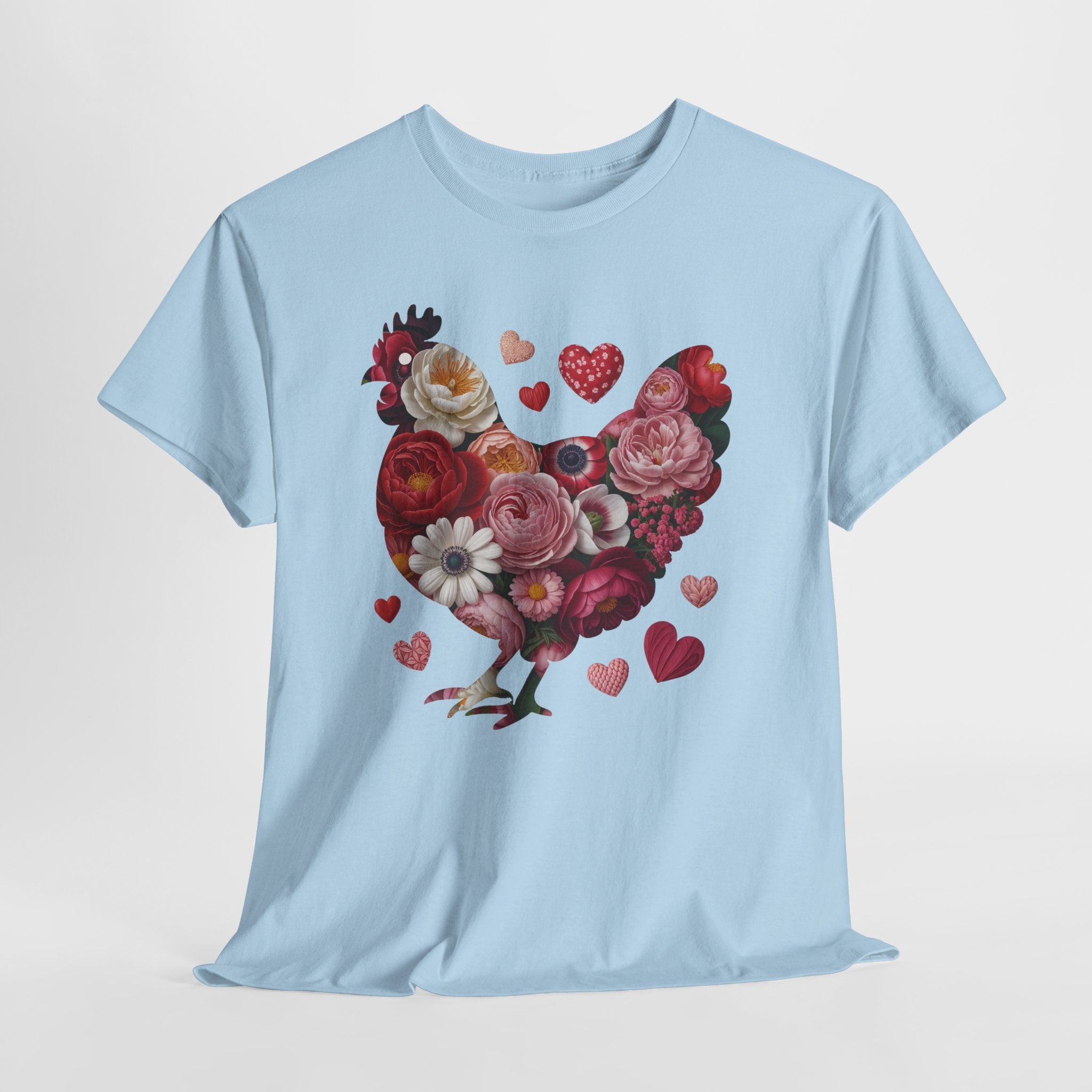 Floral Chicken Heart Tee — Red & Pink Flower Silhouette Unisex Cotton Tee