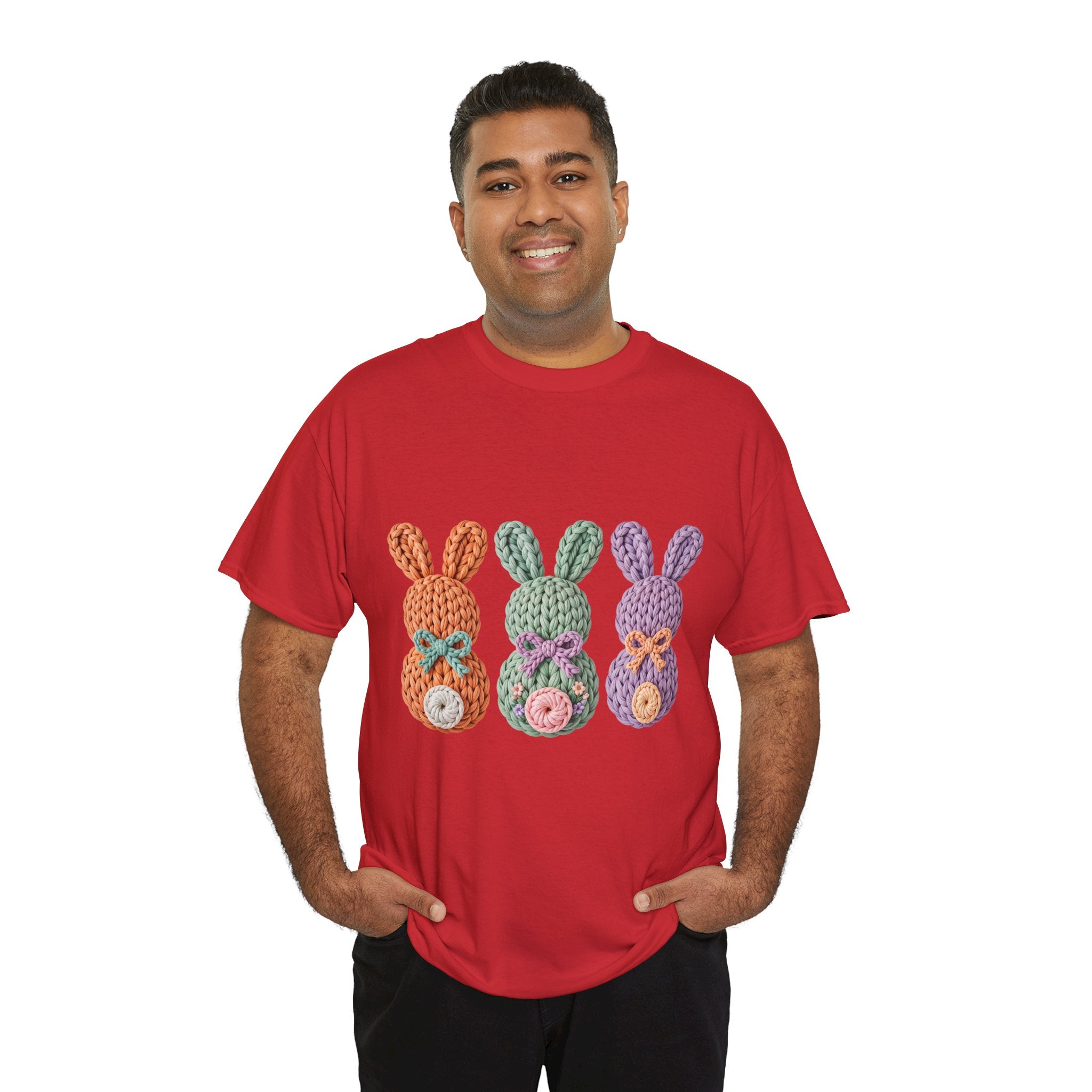 Pastel Crochet Bunny Tee — Trio of Faux Knit Bunnies with Bows & Flowers Unisex Cotton Tee