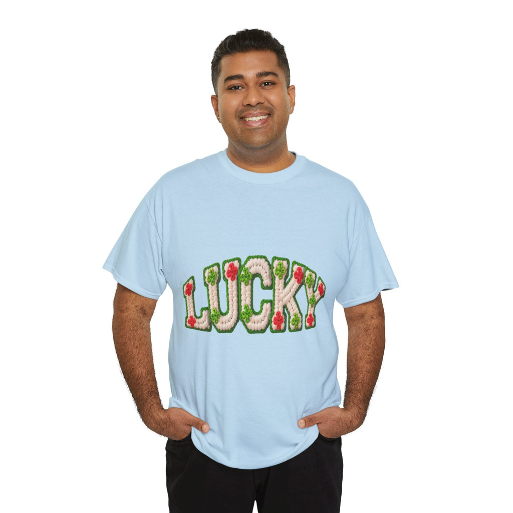 Lucky Crochet Clover T-Shirt — Faux-Yarn Embroidered St. Patrick’s Unisex Cotton Tee
