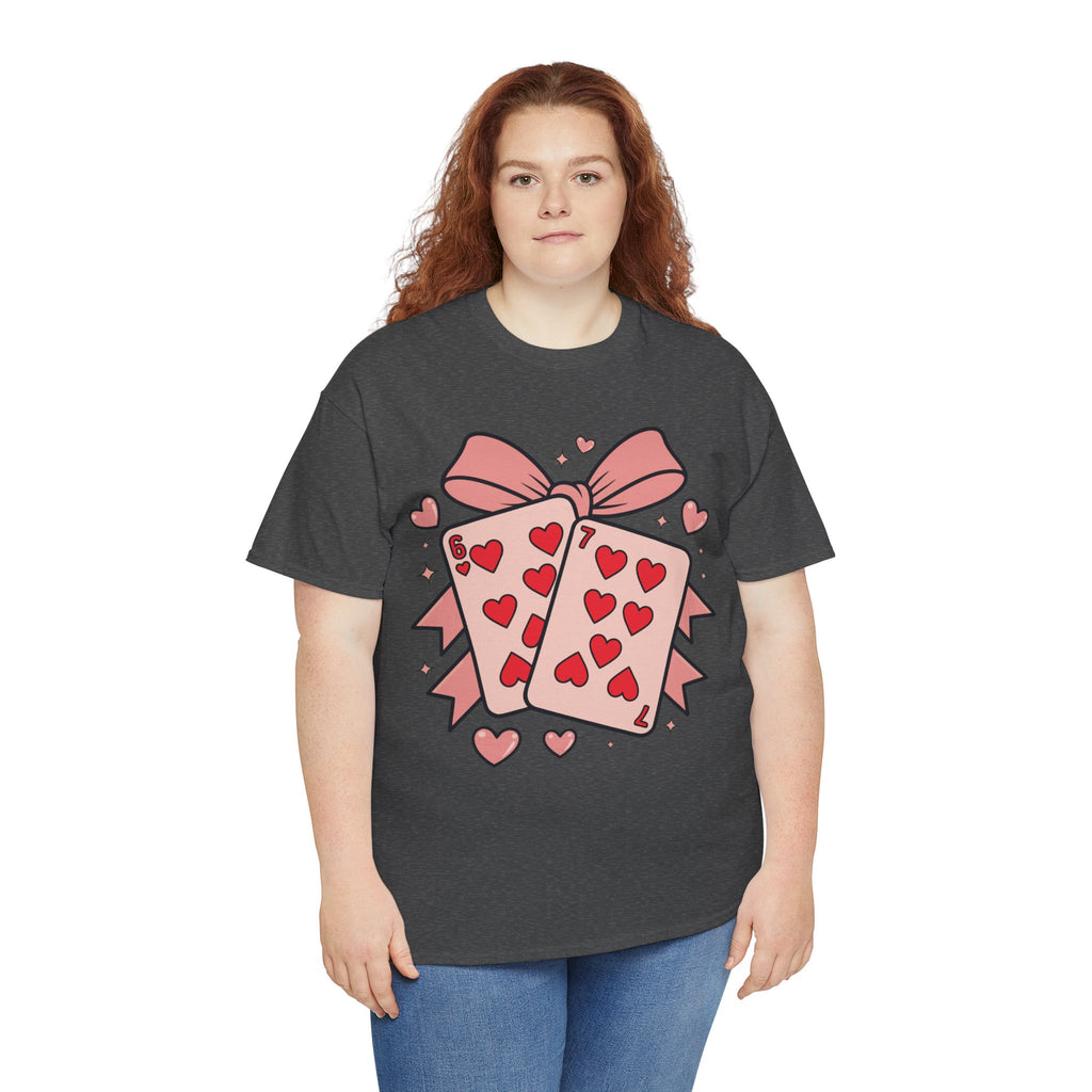 6 & 7 of Hearts T-Shirt — Paired Playing Cards with Pink Bow Unisex Cotton Tee