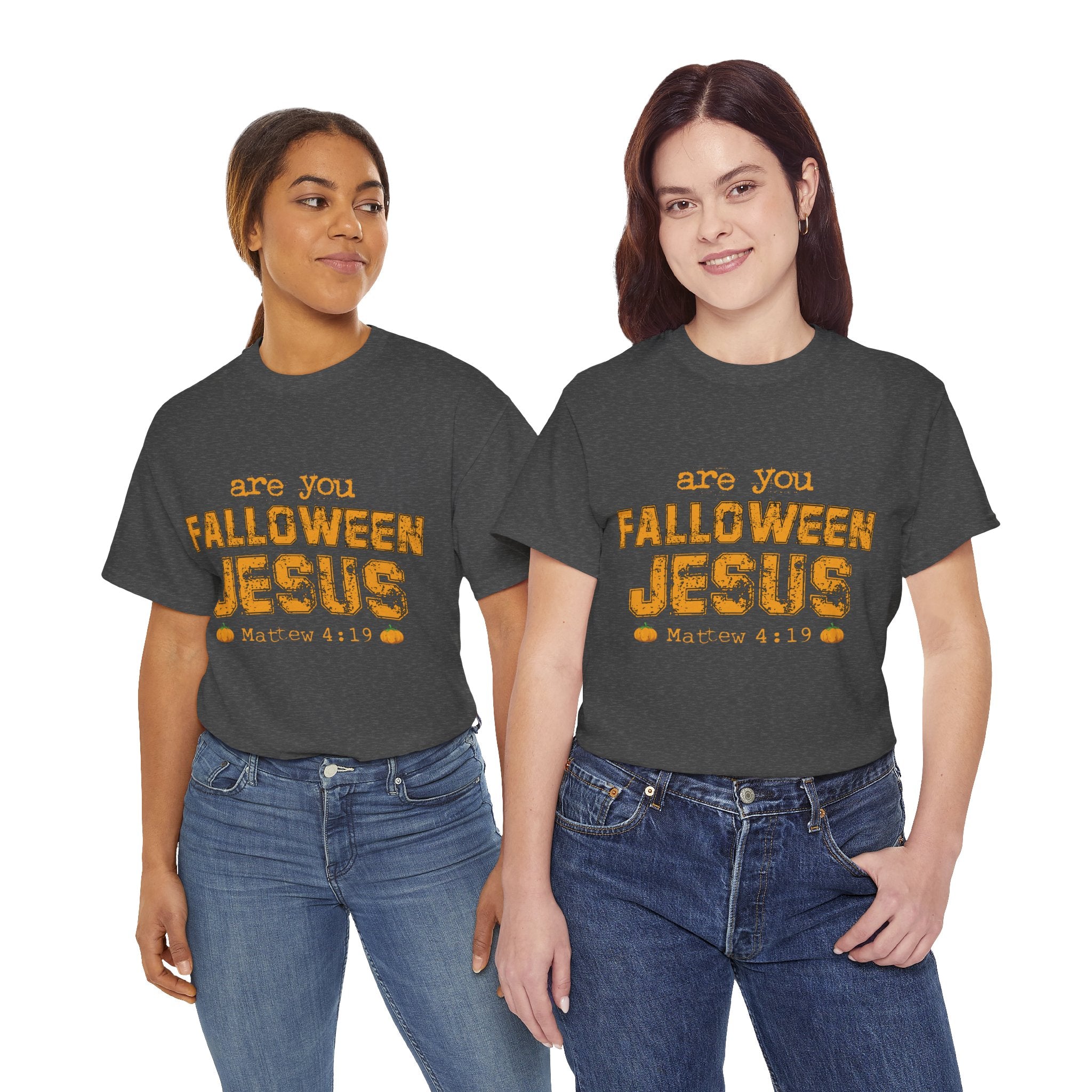 Christian Halloween T-Shirt — “Are You Falloween Jesus? Matthew 4:19” Distressed Pumpkin Design. Unisex Cotton Tee