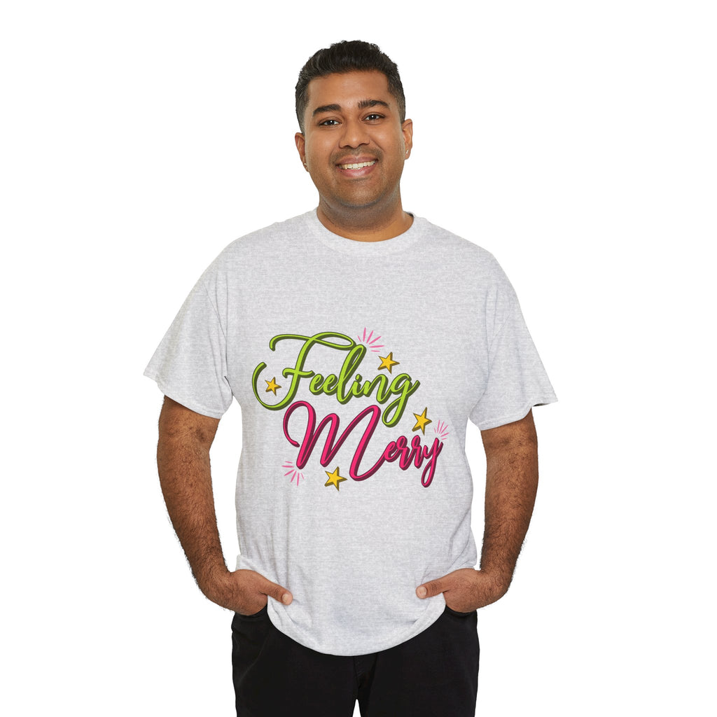 Feeling Merry T-Shirt — Bright Green & Pink Holiday Tee with Stars.Unisex Cotton Tee