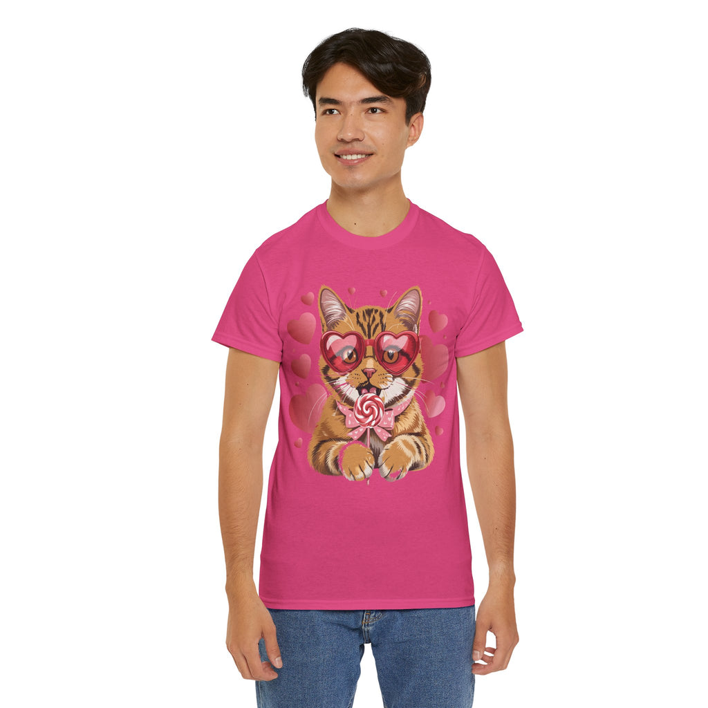 Valentine Cat Tee — Heart Glasses, Lollipop Bow Unisex Cotton Tee