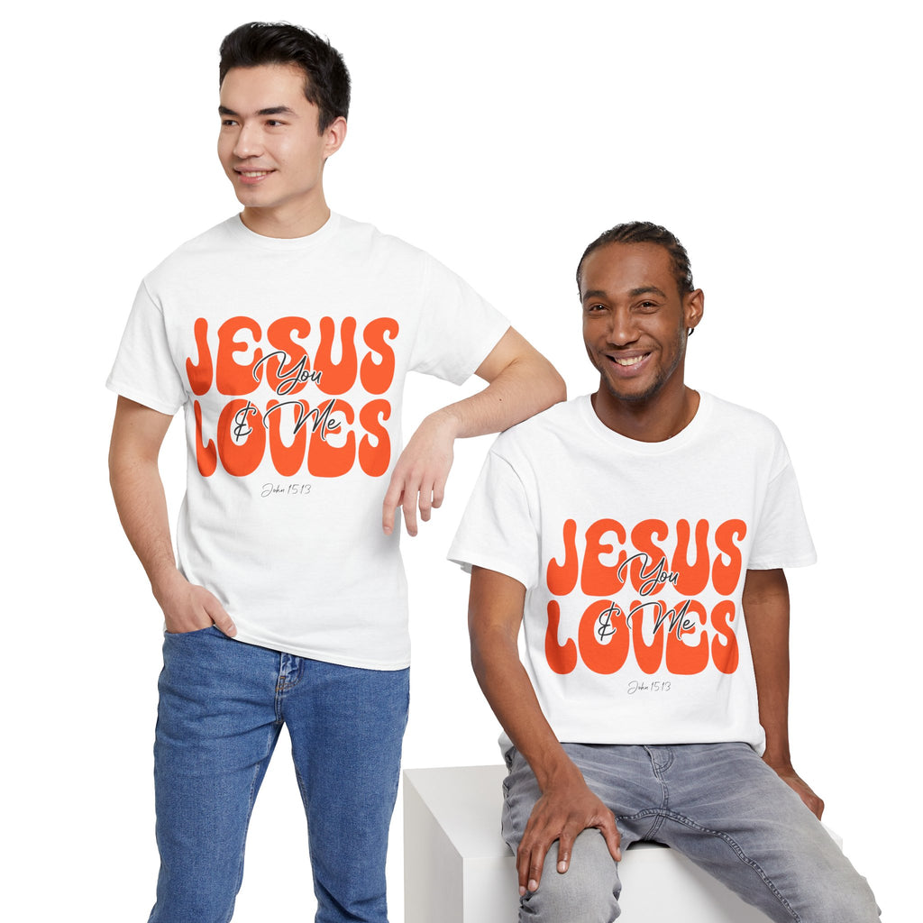 Jesus Loves You & Me Retro Tee — Playful Orange Bubbly Christian Unisex Cotton T-Shirt