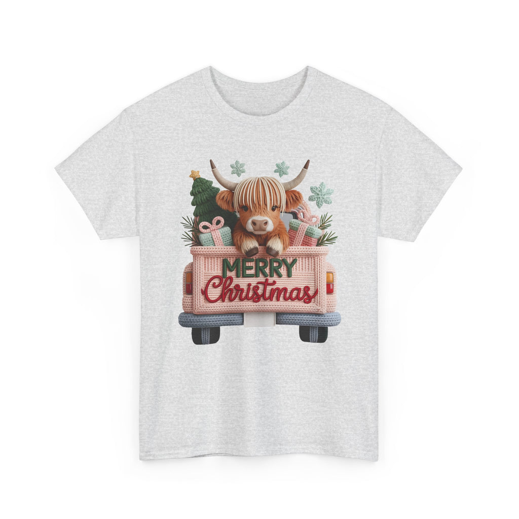 Merry Christmas Highland Cow Knit Truck Unisex Cotton T-Shirt