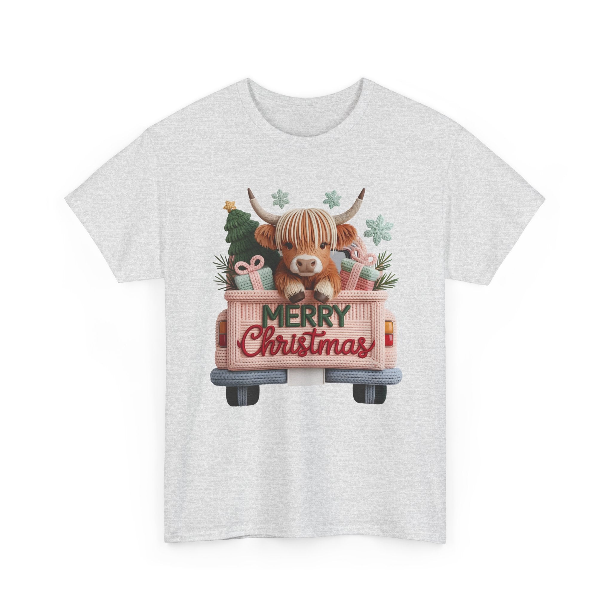 Merry Christmas Highland Cow Knit Truck Unisex Cotton T-Shirt
