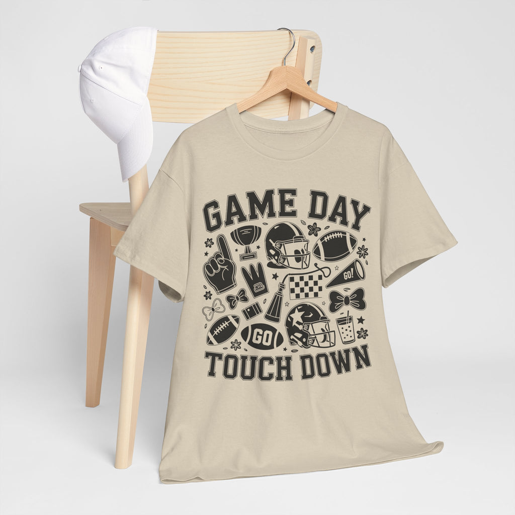 Game Day Touch Down Football T‑Shirt — Helmet & Cheer Monochrome Design Unisex Cotton Tee