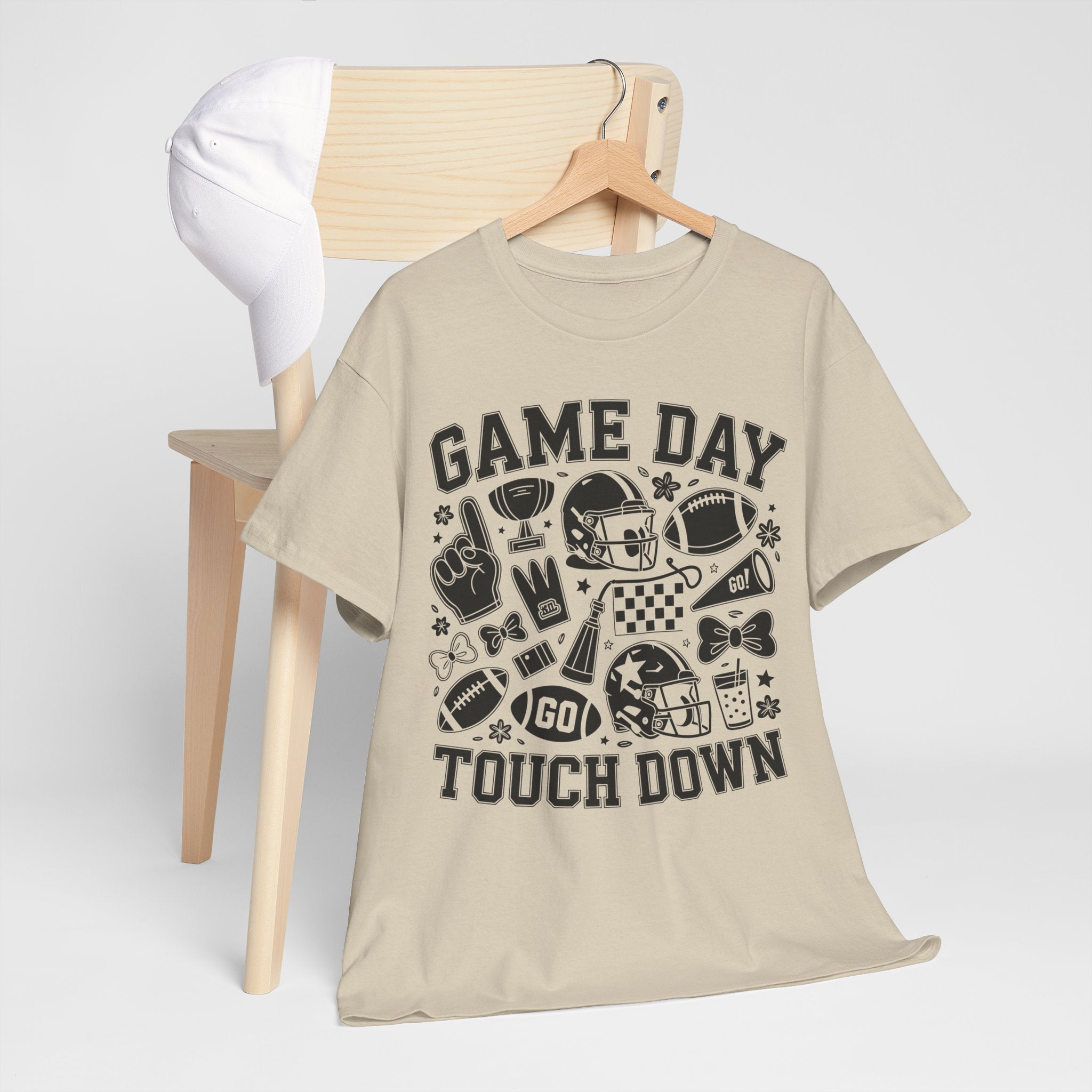 Game Day Touch Down Football T‑Shirt — Helmet & Cheer Monochrome Design Unisex Cotton Tee