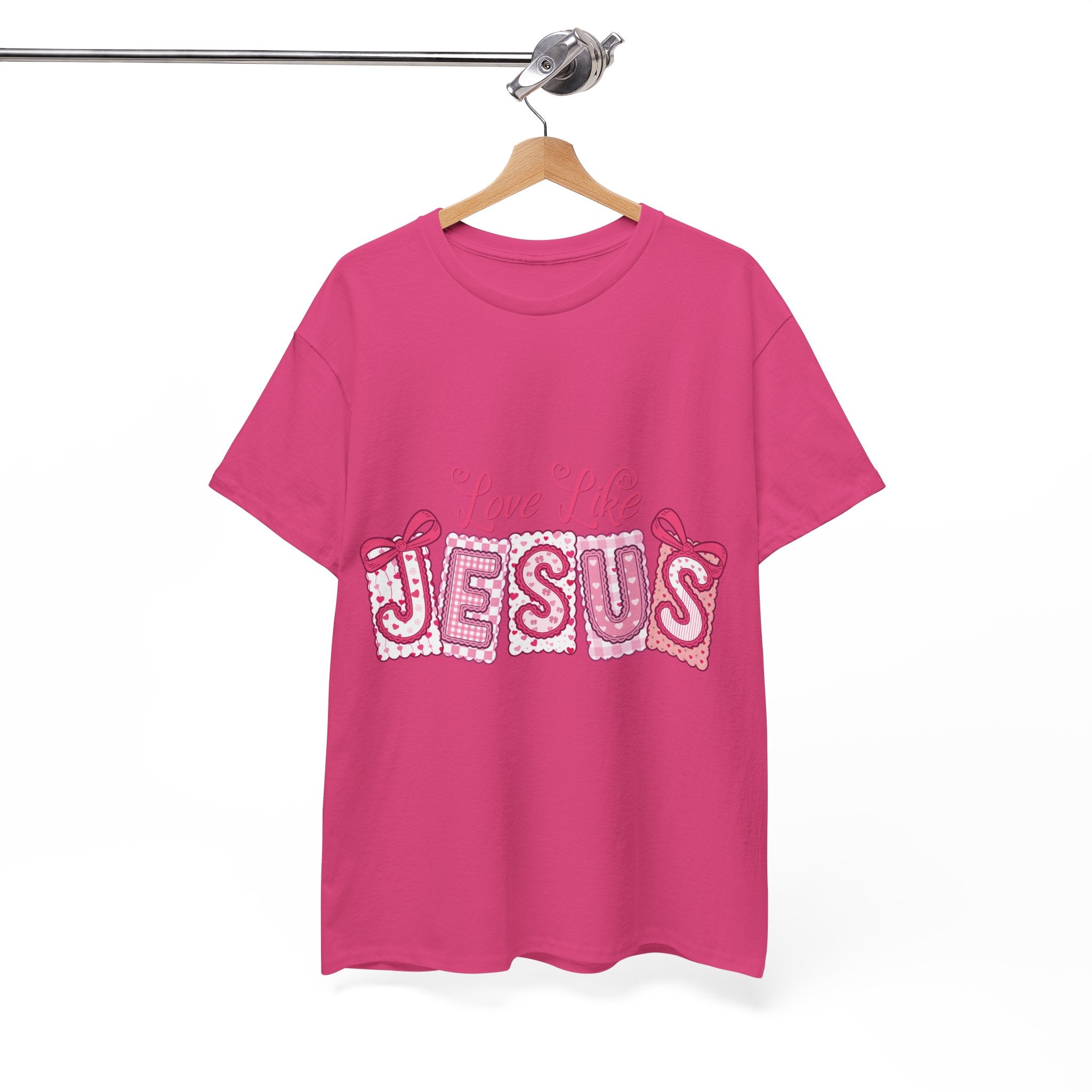 Love Like Jesus Patchwork Tee — Pink Stitched Heart Graphic.Unisex Cotton Tee