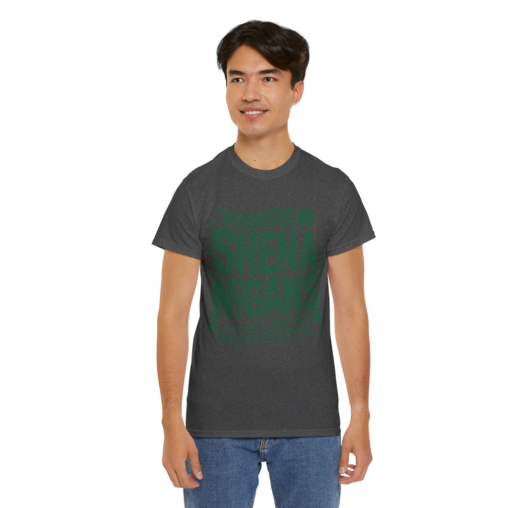 Shenanigans Clover Tee — Bright Green St. Patrick’s Day Shirt with Checkered Flag Unisex Cotton Tee