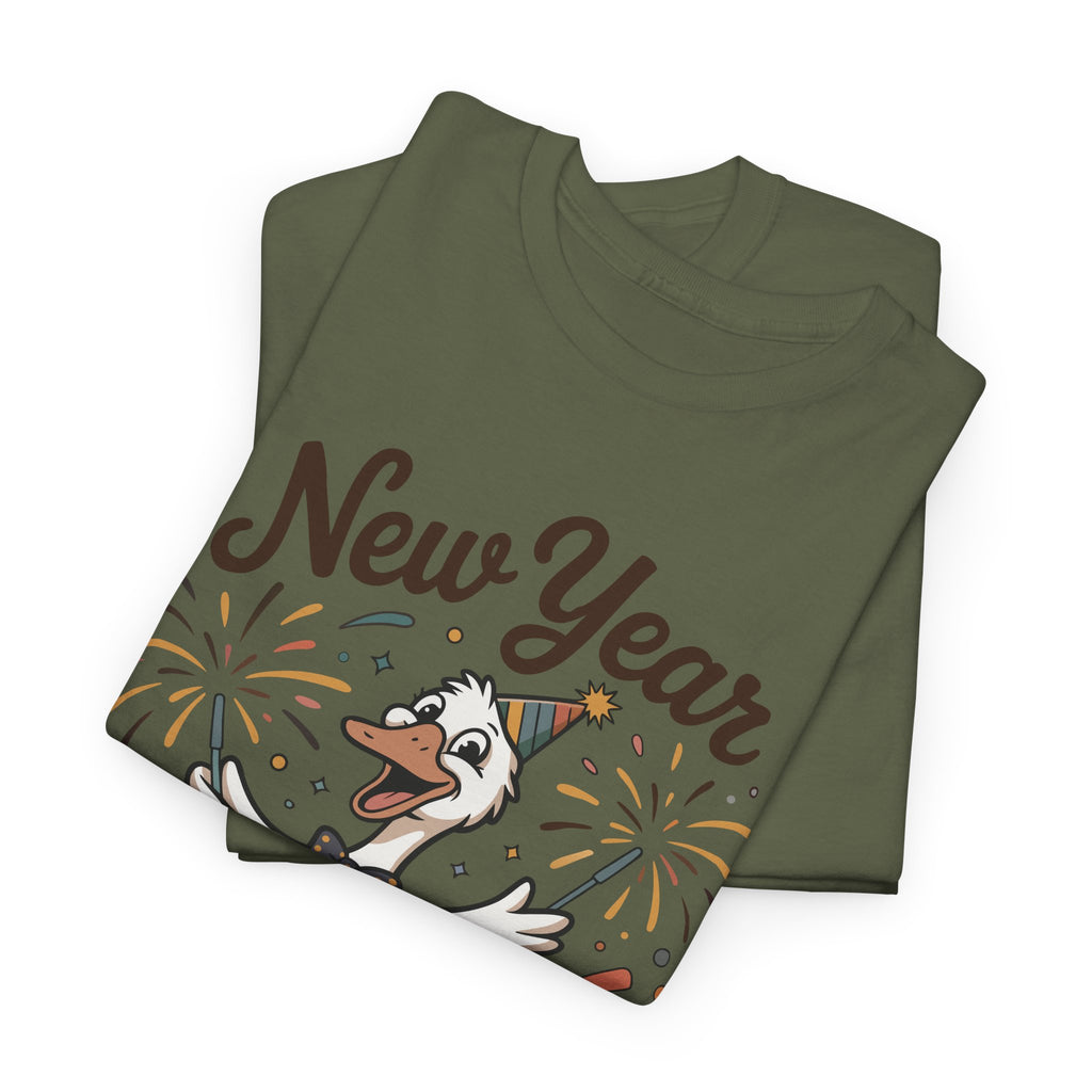 Happy Goose New Year T-Shirt — Party Hat, Fireworks & Confetti Unisex Cotton Tee