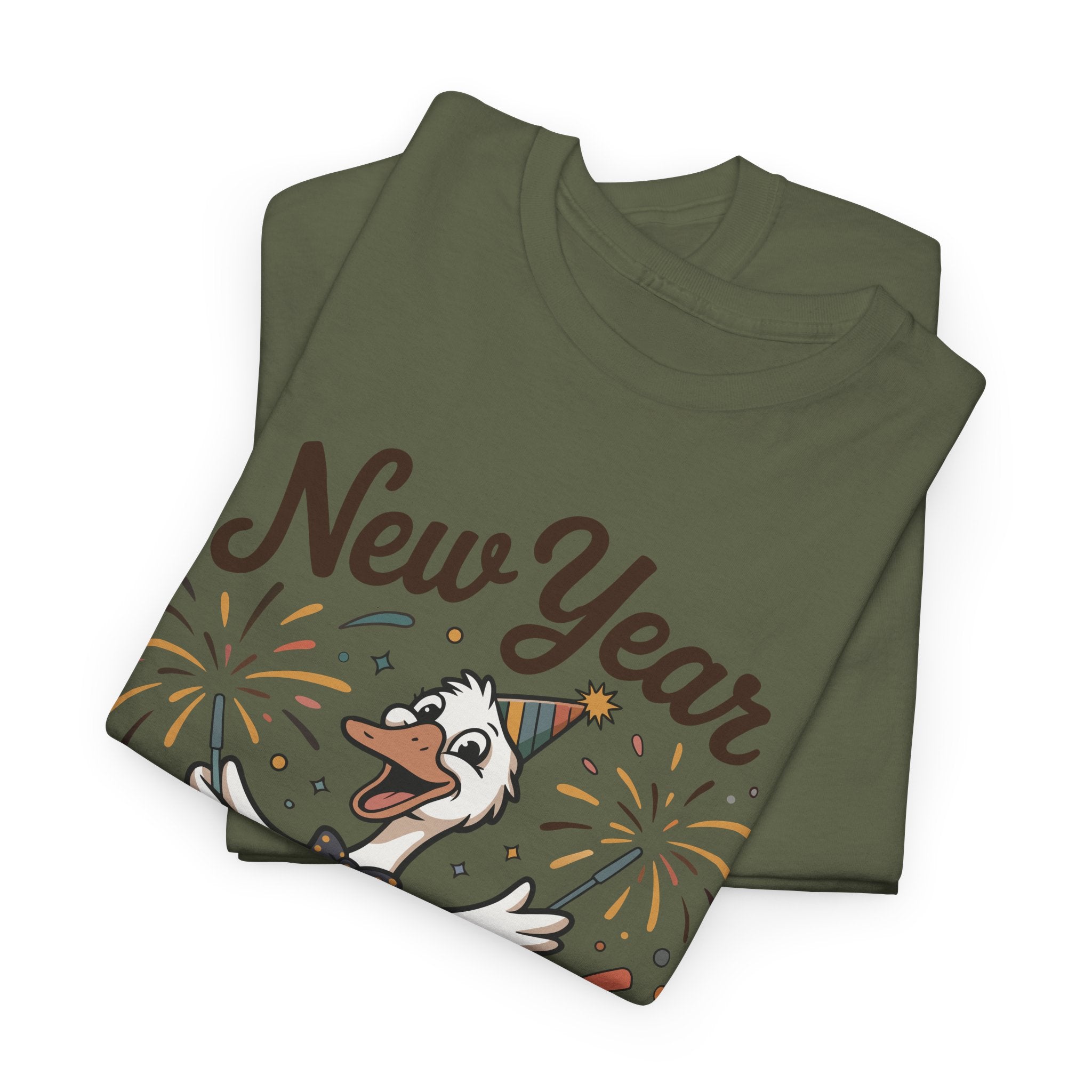 Happy Goose New Year T-Shirt — Party Hat, Fireworks & Confetti Unisex Cotton Tee