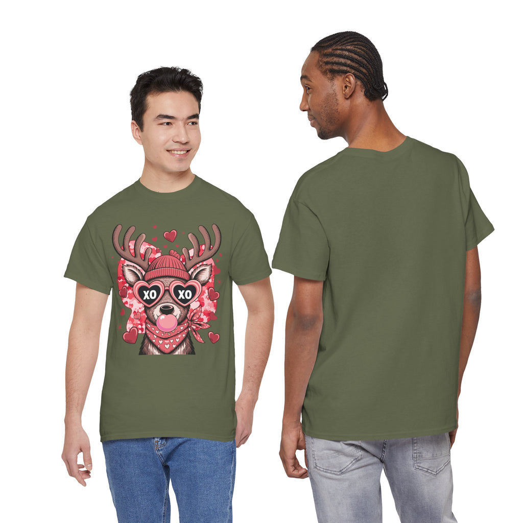 Valentine Deer Tee — Cute XO Heart Glasses, Beanie & Scarf Unisex Cotton Tshirt