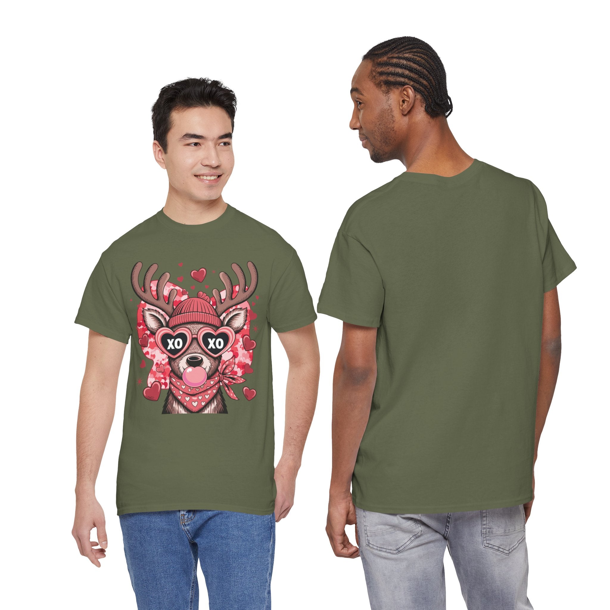 Valentine Deer Tee — Cute XO Heart Glasses, Beanie & Scarf Unisex Cotton Tshirt
