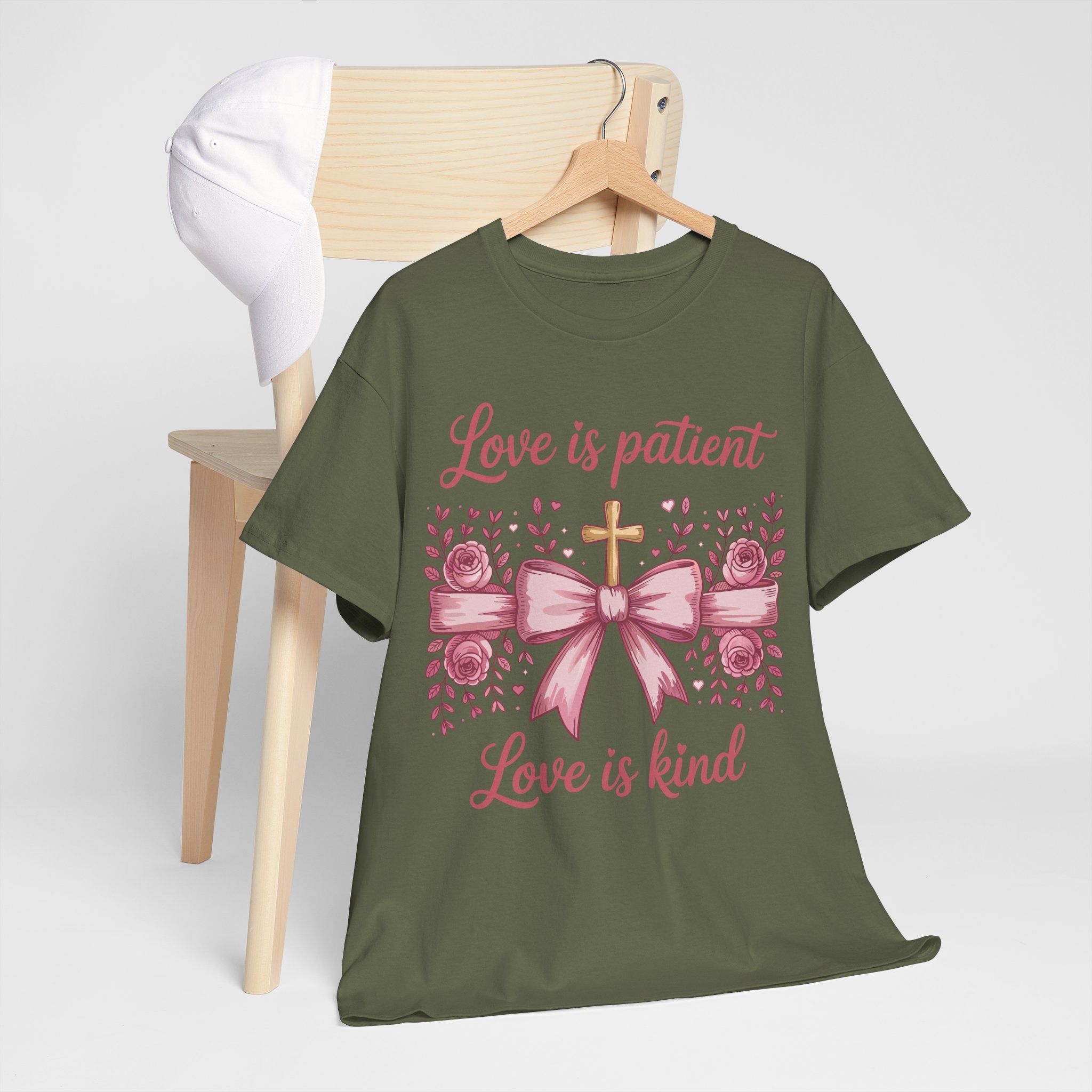Christian Floral Tee — "Love is Patient, Love is Kind" Pink Rose Cross. Unisex Cotton Tee