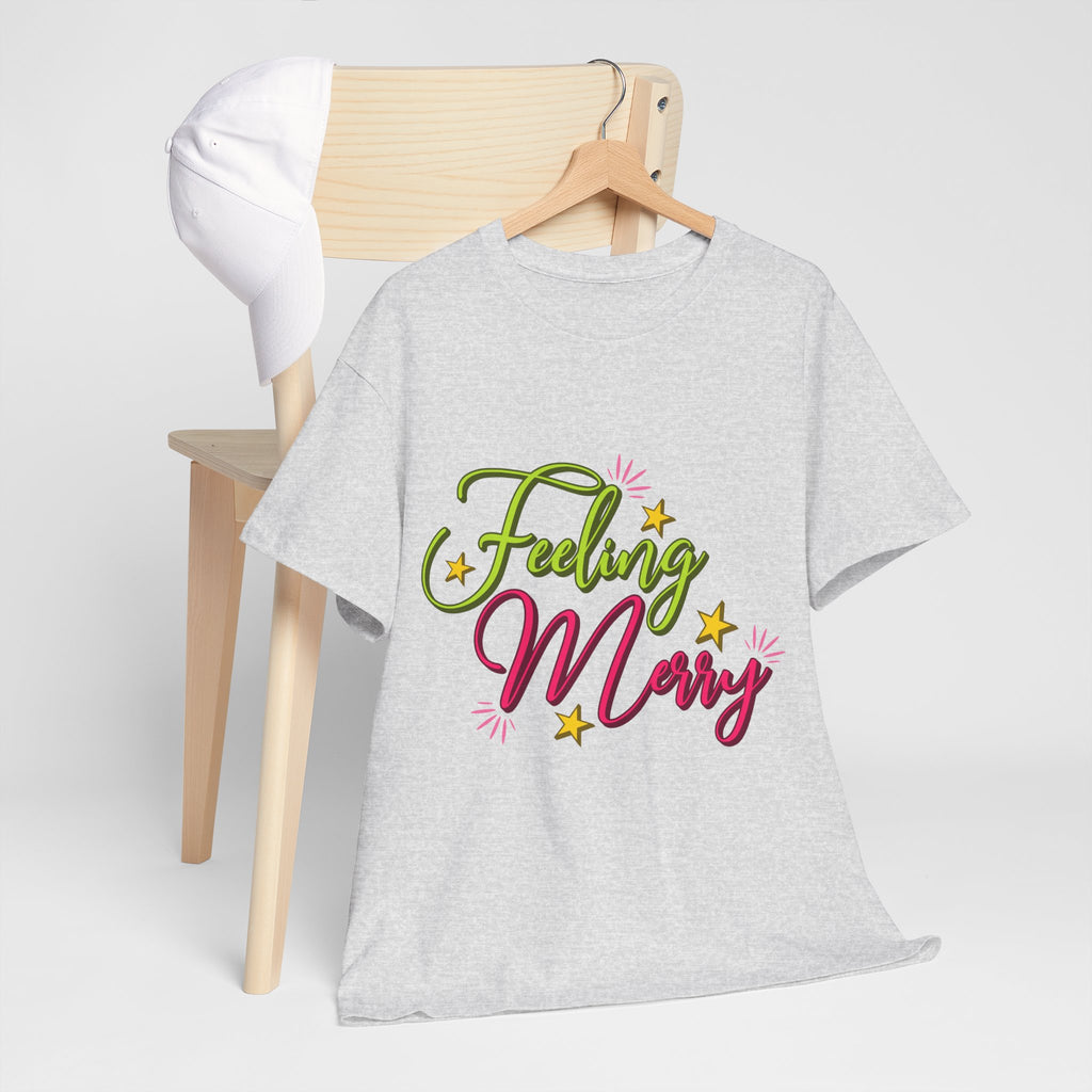 Feeling Merry T-Shirt — Bright Green & Pink Holiday Tee with Stars.Unisex Cotton Tee