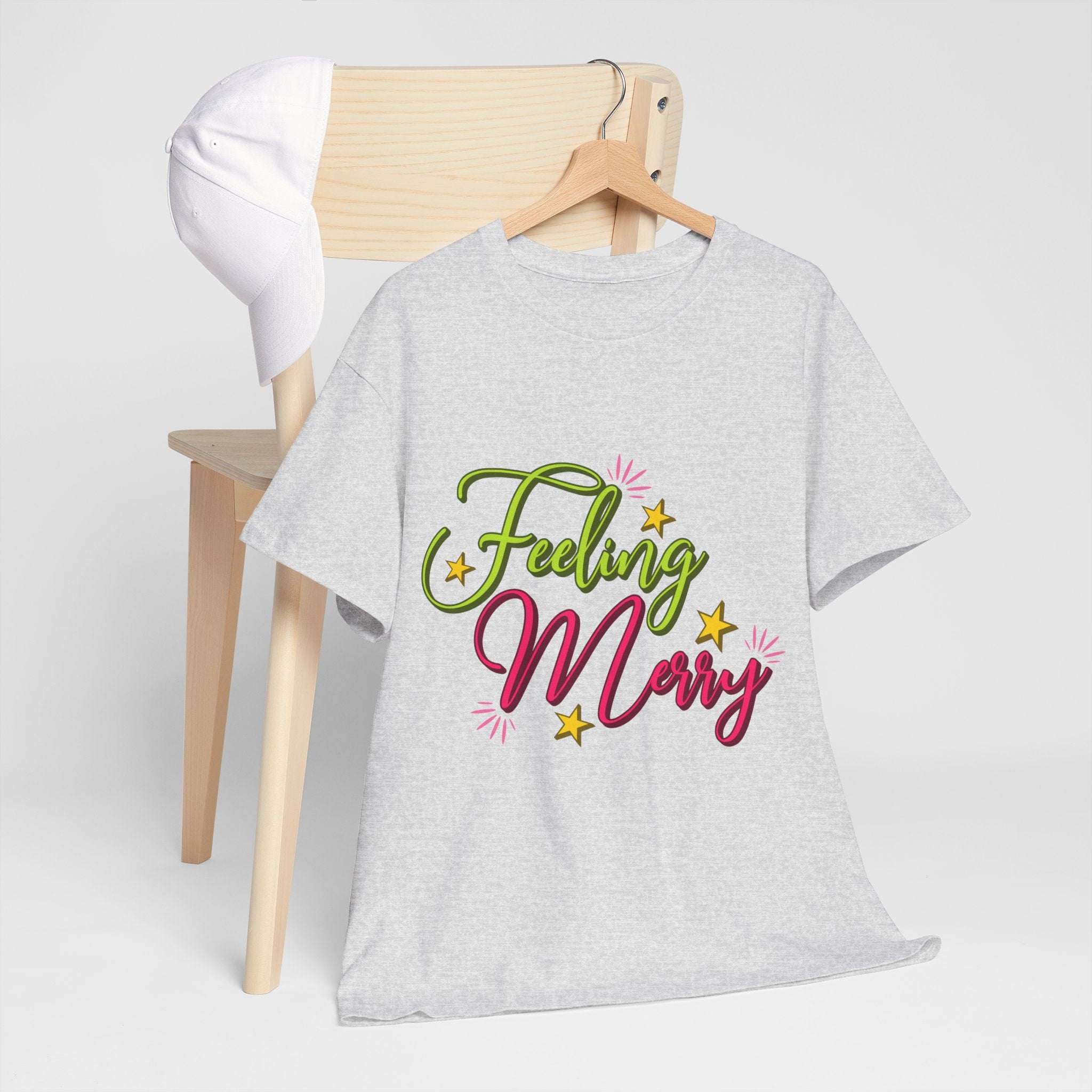 Feeling Merry T-Shirt — Bright Green & Pink Holiday Tee with Stars.Unisex Cotton Tee
