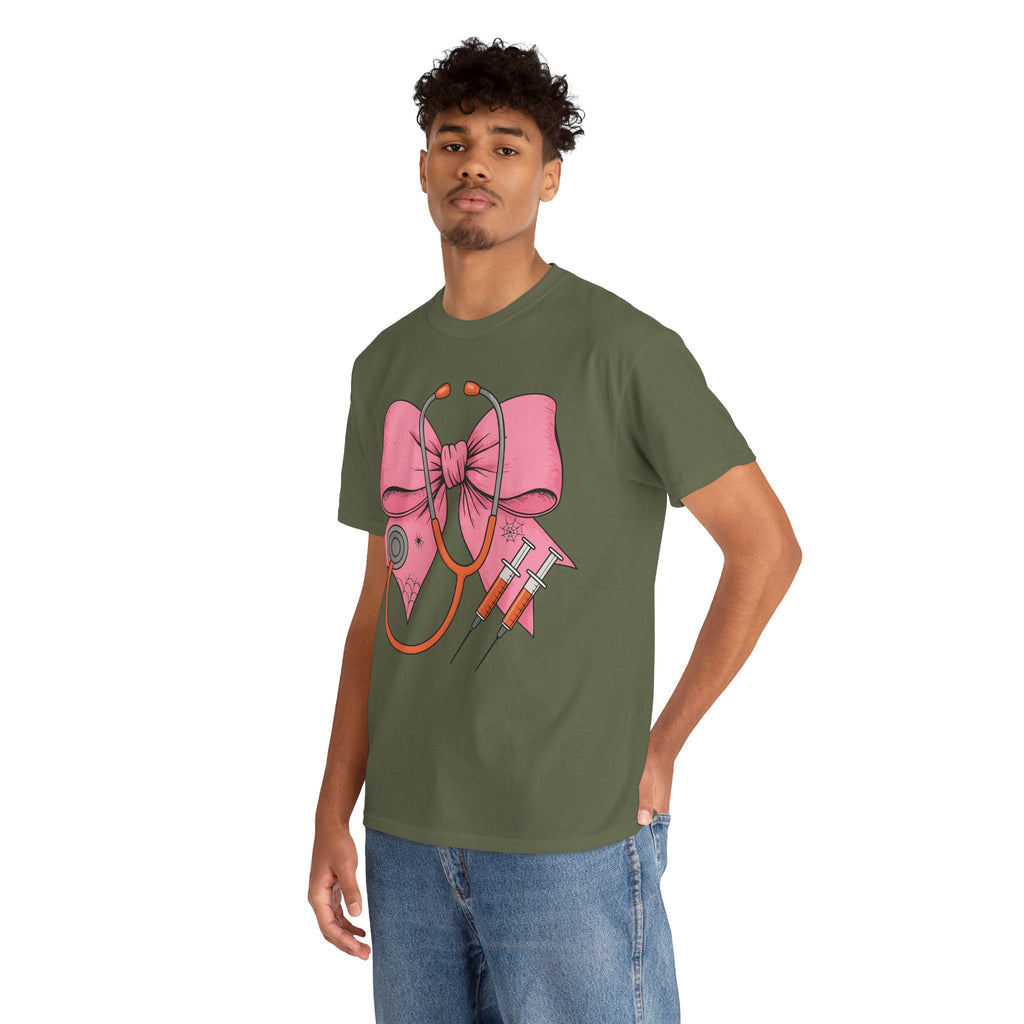 Halloween Nurse T‑Shirt — Pink Nurse Bow with Stethoscope, Syringes & Spider Webs..Unisex Cotton Tee