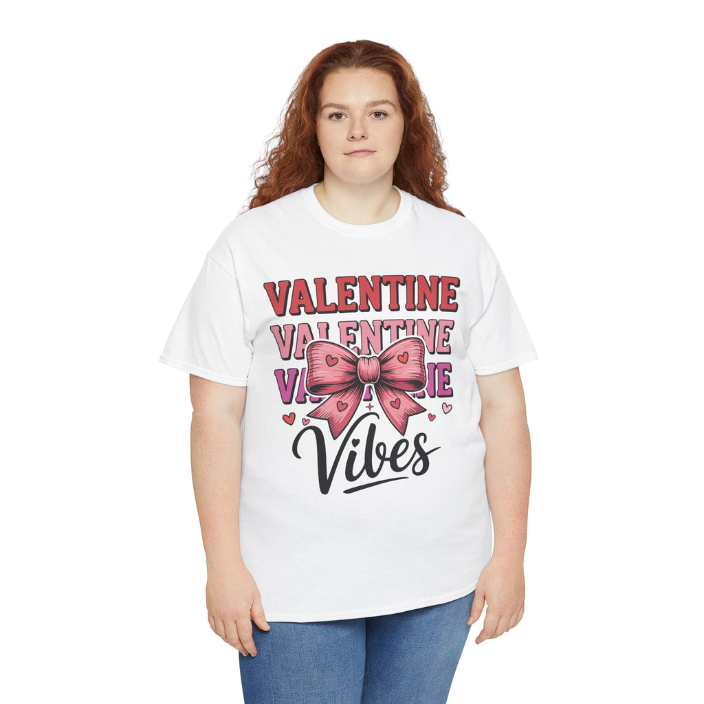 Valentine Vibes T-Shirt — Pink Bow Heart Graphic Unisex Cotton Tee