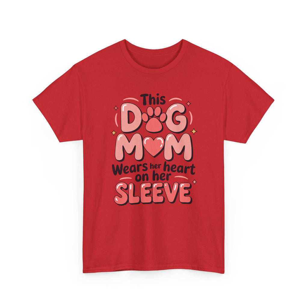 Dog Mom T-Shirt — "This Dog Mom Wears Her Heart on Her Sleeve" Paw & Heart Unisex Cotton Tee