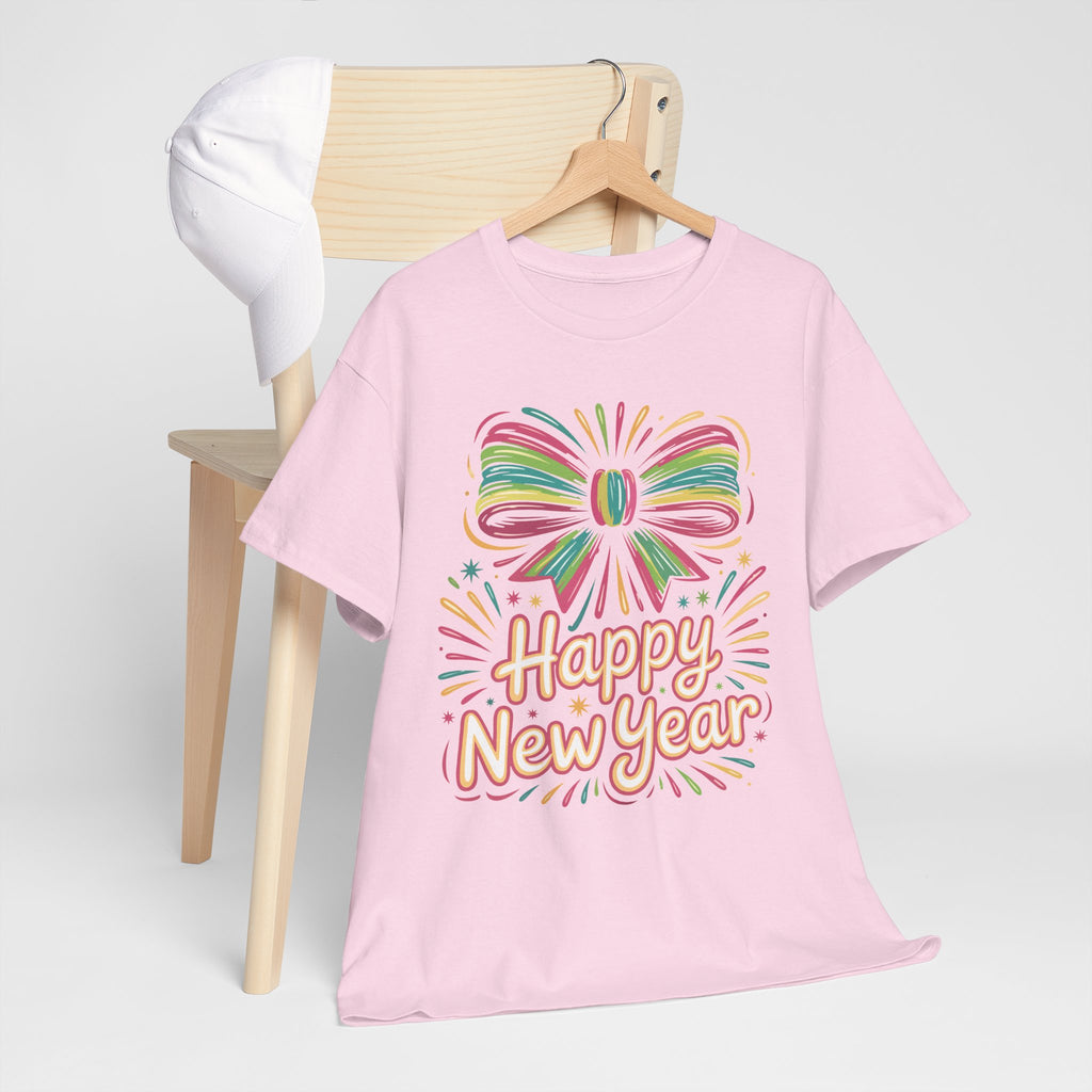 Happy New Year Pastel Tee — Rainbow Bow & Fireworks Celebration Unisex Cotton Tshirt
