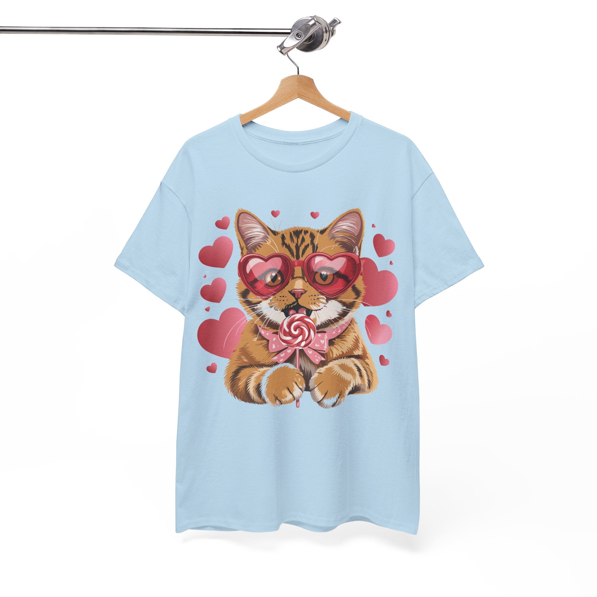Valentine Cat Tee — Heart Glasses, Lollipop Bow Unisex Cotton Tee