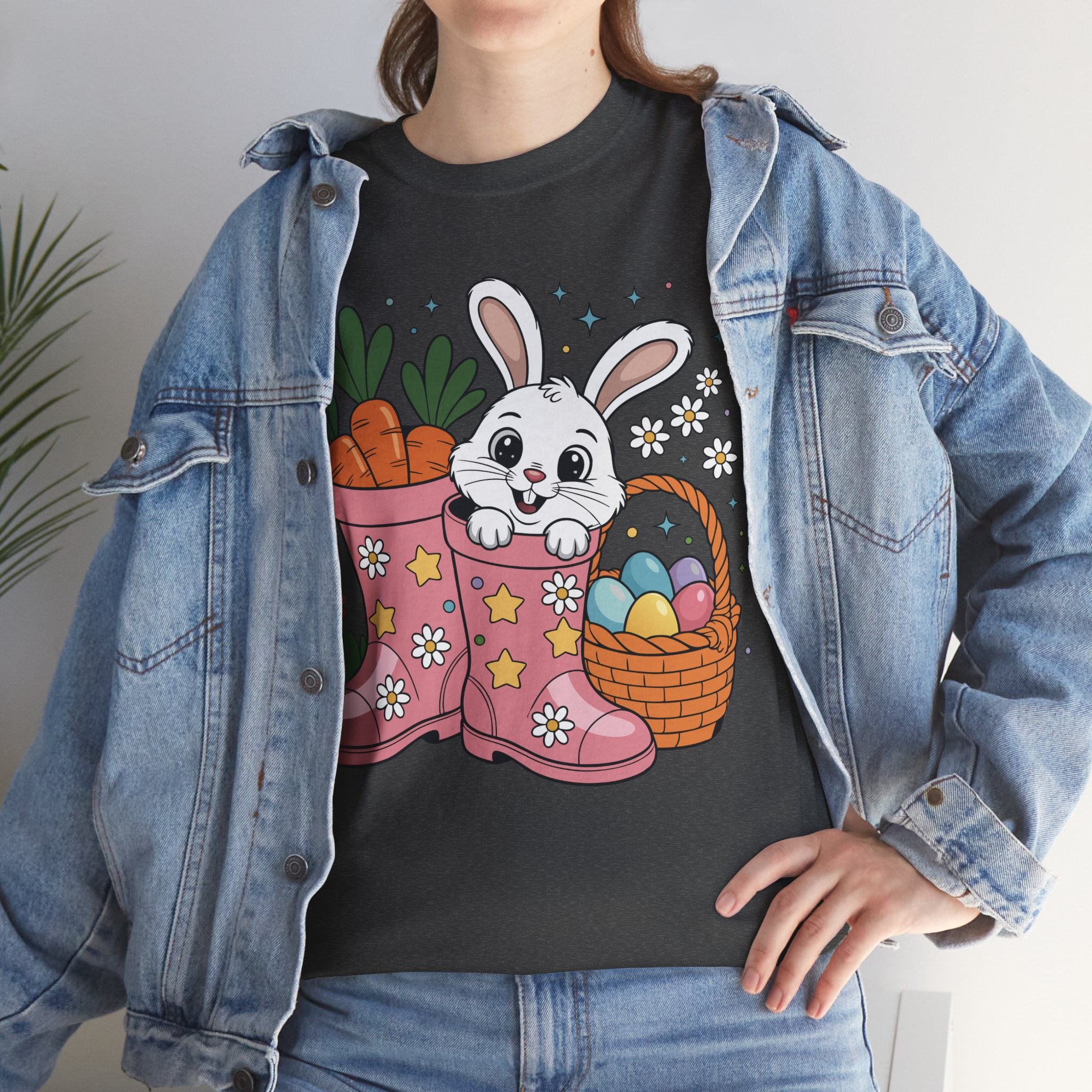 Easter Bunny in Pink Rain Boots T-Shirt — Cartoon Bunny, Carrots & Colorful Eggs Unisex Cotton Tee