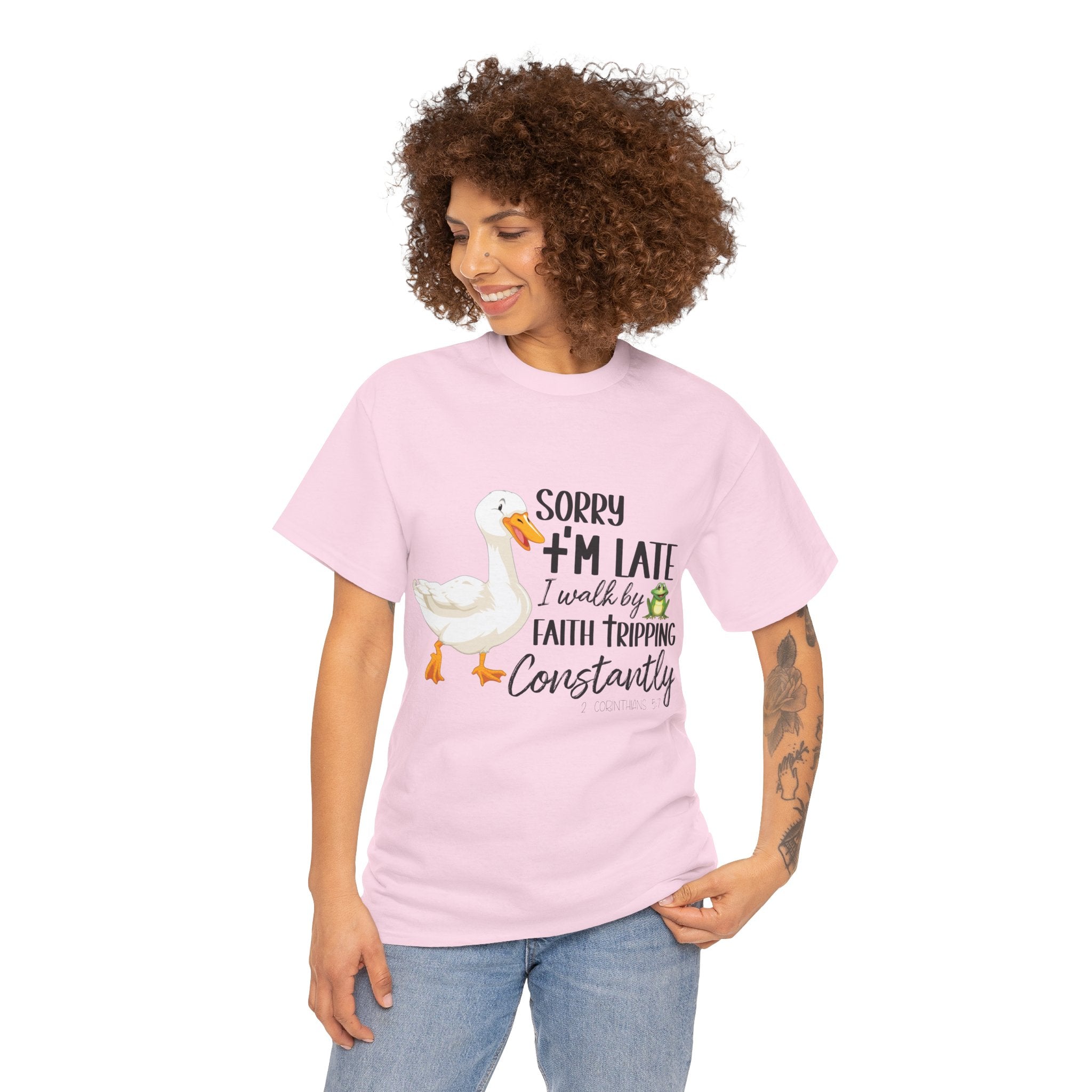 Christian Humor T-Shirt — “Sorry I’m Late, I Walk by Faith Tripping Constantly” (Duck & Frog). Unisex Cotton Tee