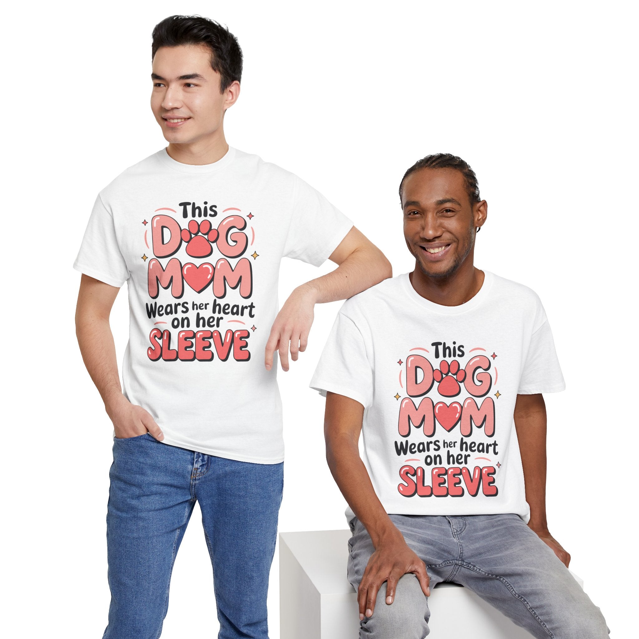 Dog Mom T-Shirt — "This Dog Mom Wears Her Heart on Her Sleeve" Paw & Heart Unisex Cotton Tee