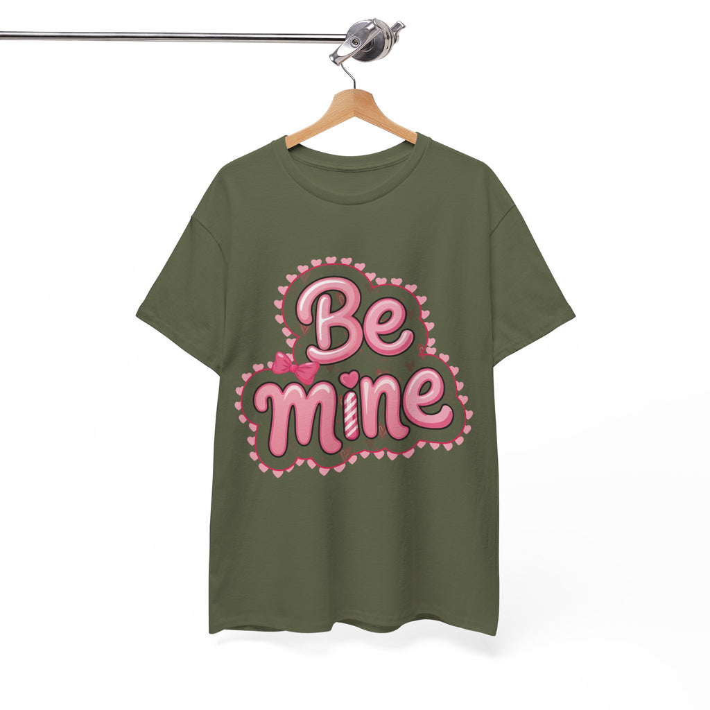 Be Mine Valentine T-Shirt — Pink Bubble Letters with Hearts & Bow..Unisex Cotton Tee