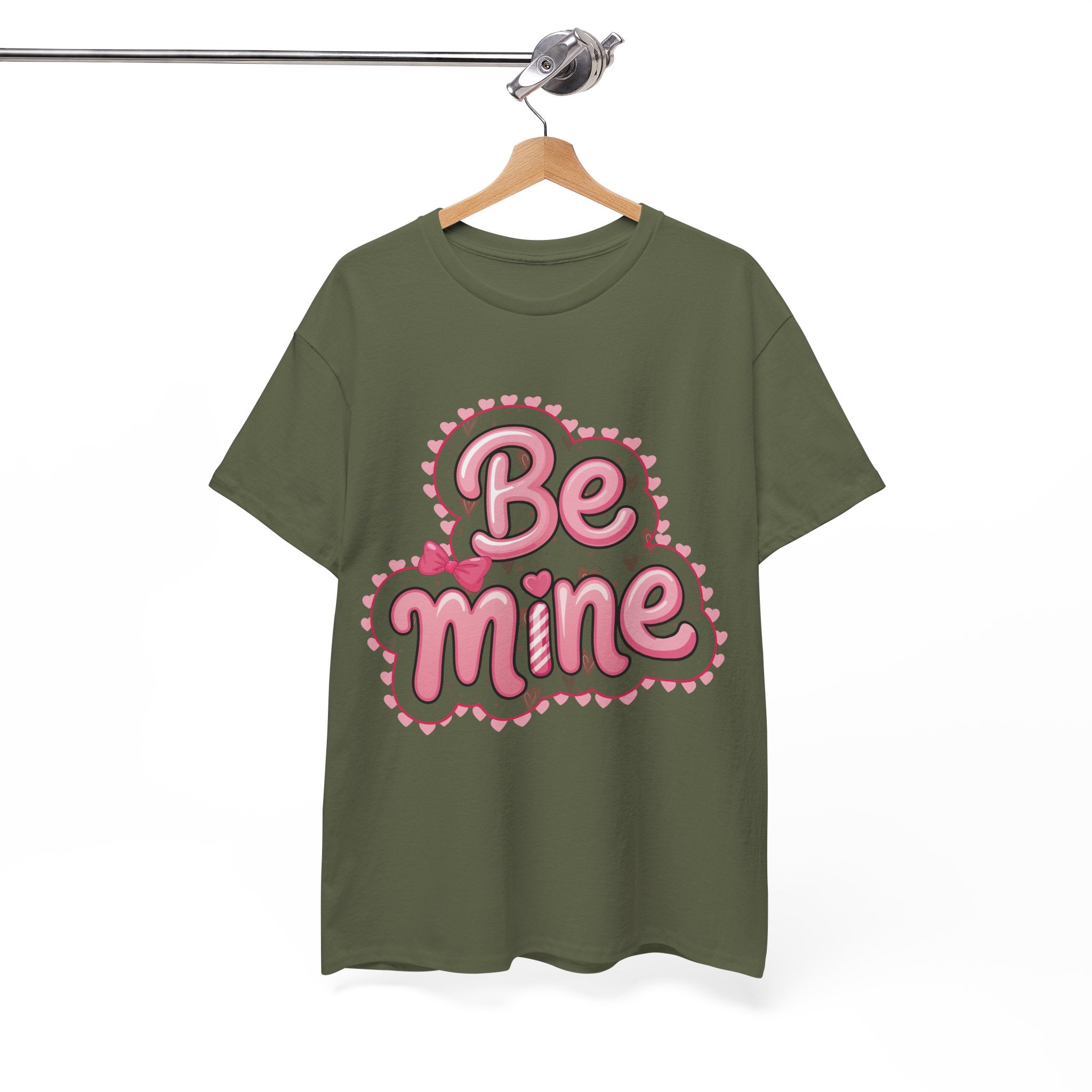 Be Mine Valentine T-Shirt — Pink Bubble Letters with Hearts & Bow..Unisex Cotton Tee