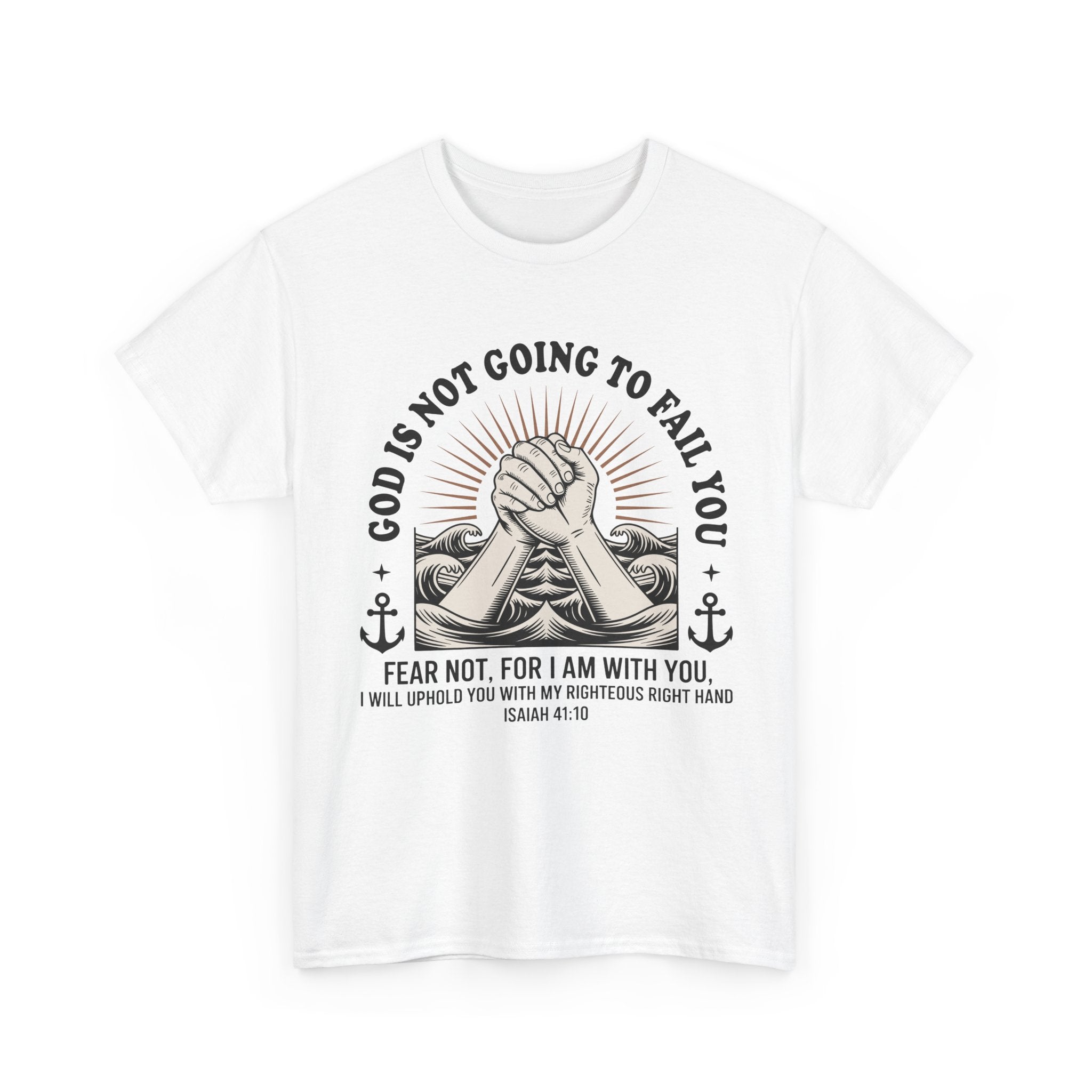 Isaiah 41:10 "Fear Not, For I Am With You" T-Shirt — Clasped Hands Rising from Waves Christian Unisex Cotton Tee
