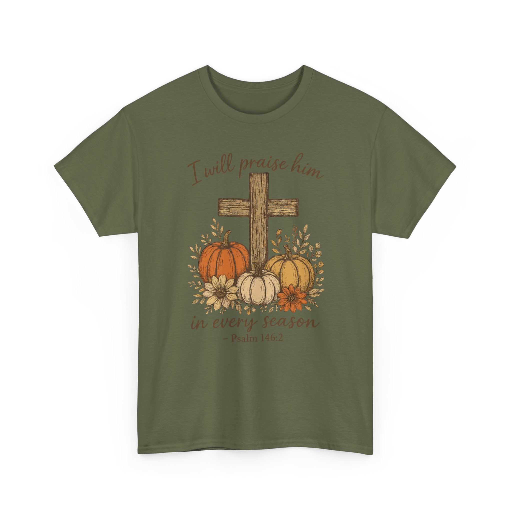 Psalm 146:2 Pumpkin Cross T-Shirt — I Will Praise Him in Every Season. Unisex Cotton Tee