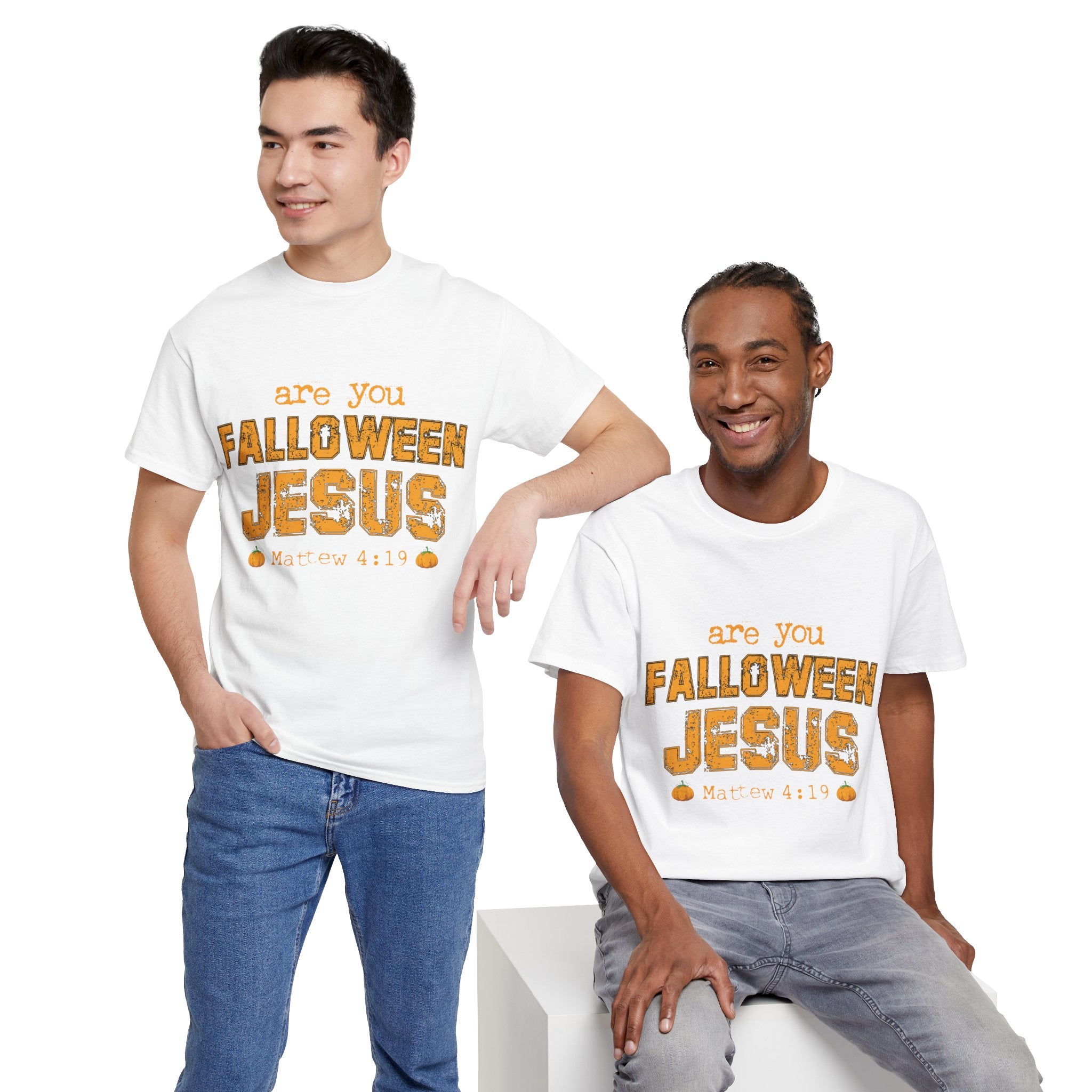 Christian Halloween T-Shirt — “Are You Falloween Jesus? Matthew 4:19” Distressed Pumpkin Design. Unisex Cotton Tee