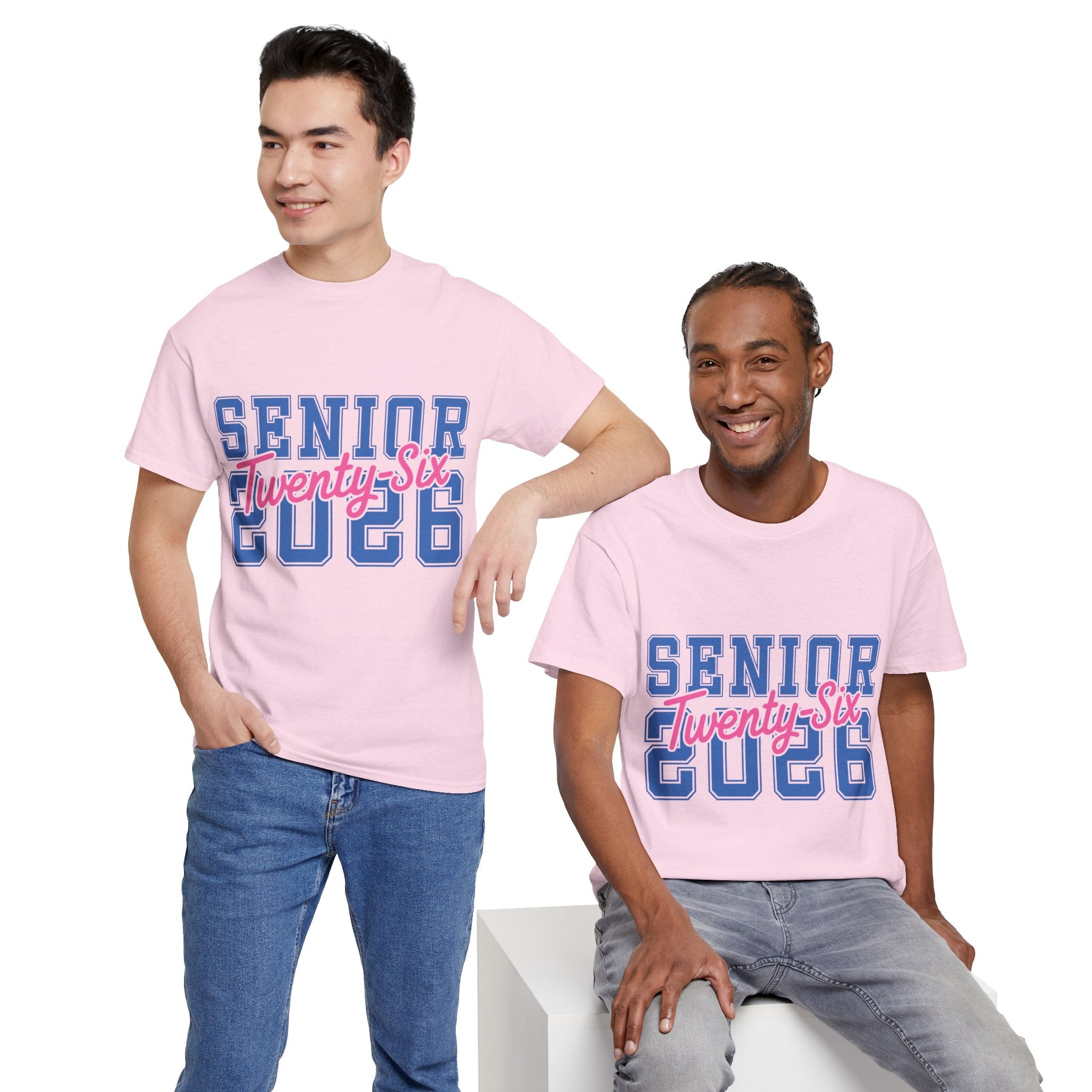 Senior 2026 Tee — Pink Varsity Block with Blue Script Overlay Unisex Cotton Tee