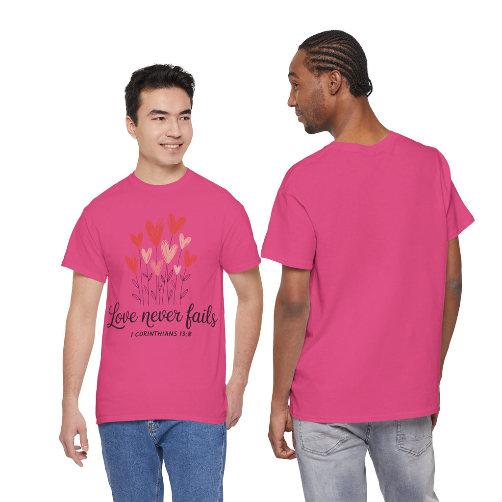 Christian Valentine T-Shirt — "Love Never Fails" (1 Corinthians 13:8) Unisex Cotton Tee