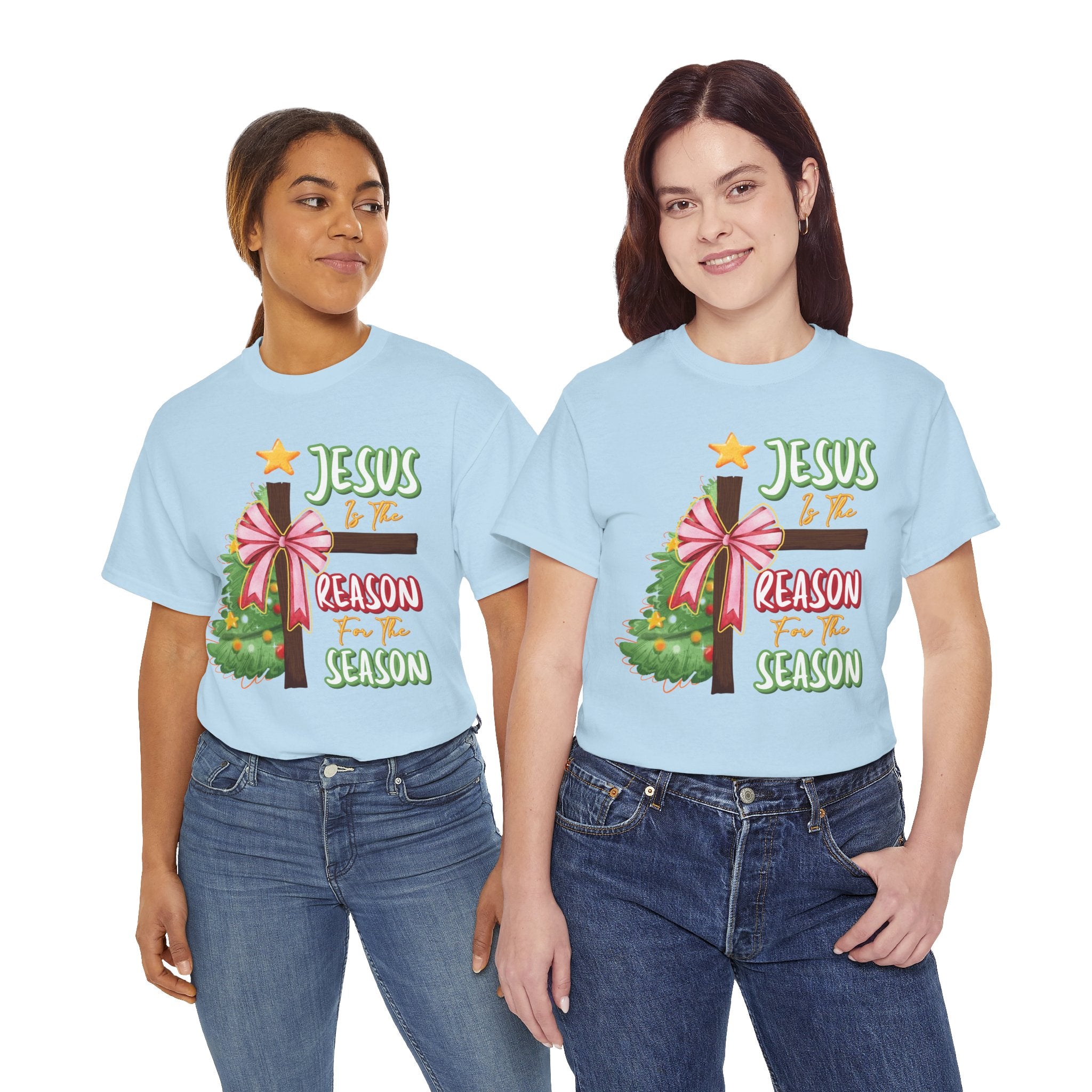 Jesus Is the Reason for the Season Christmas Tee — Cross with Pink Bow & Tree. Unisex Cotton Tee