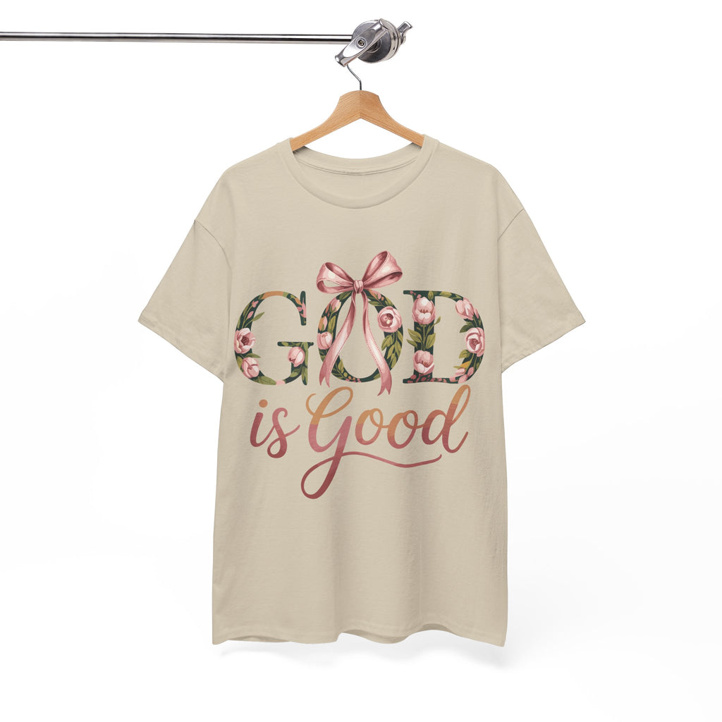God Is Good Pink Rose Tee — Floral Ribbon Faith Unisex Cotton T-Shirt