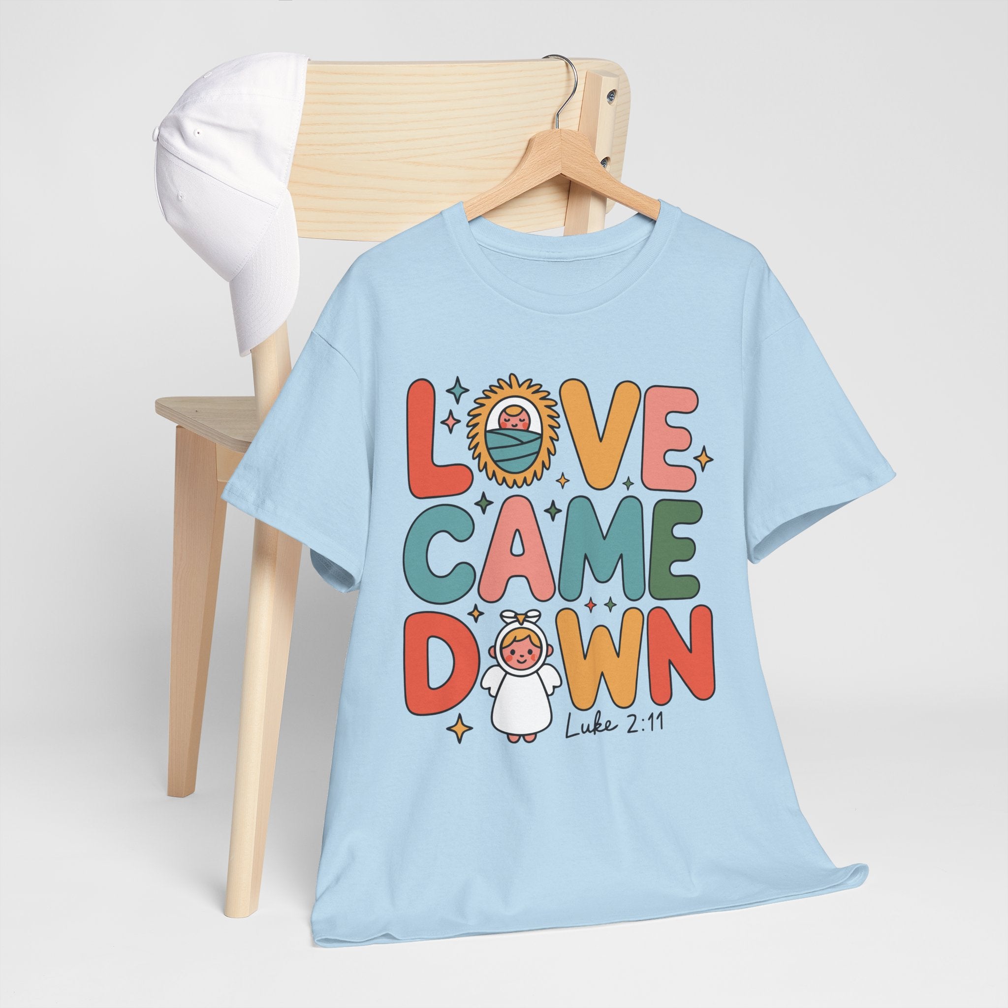 Love Came Down Christmas Tee — Baby Jesus Manger Angel (Luke 2:11)..Unisex Cotton Tee